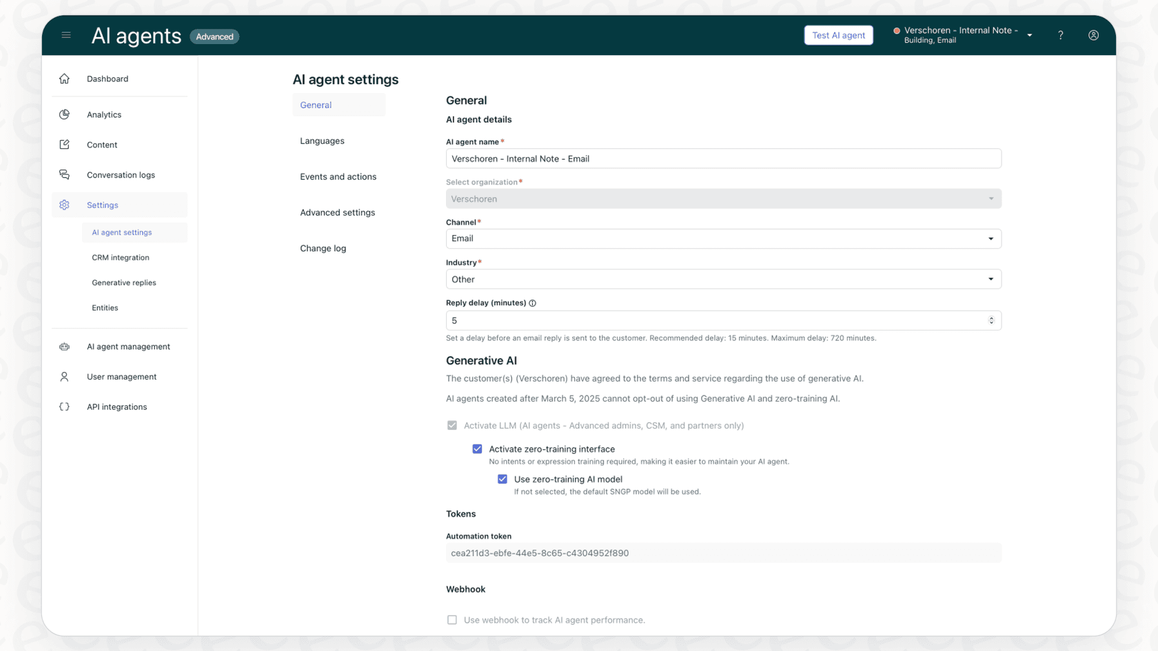 Navigating the general Zendesk Advanced AI Agent Settings to connect knowledge sources, a key step for the Zendesk Answer Bot to suggest articles before agent handoff.