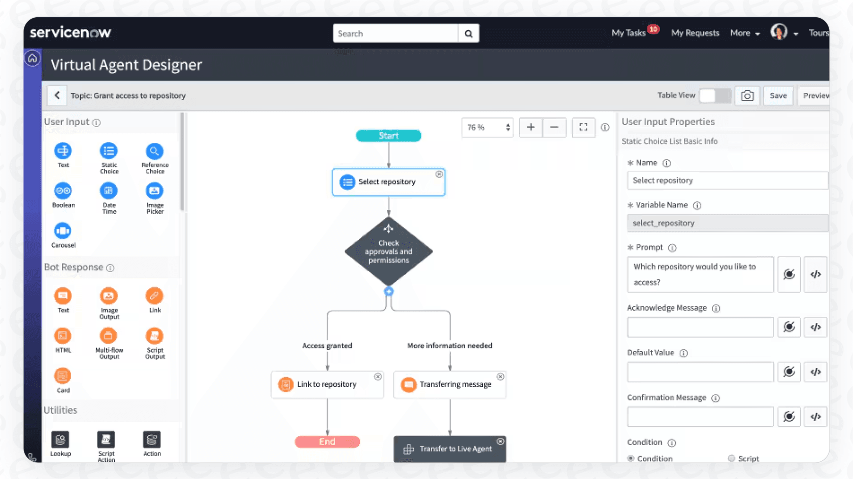A look at the ServiceNow Flow Designer, where users can build custom workflows for external content integration.