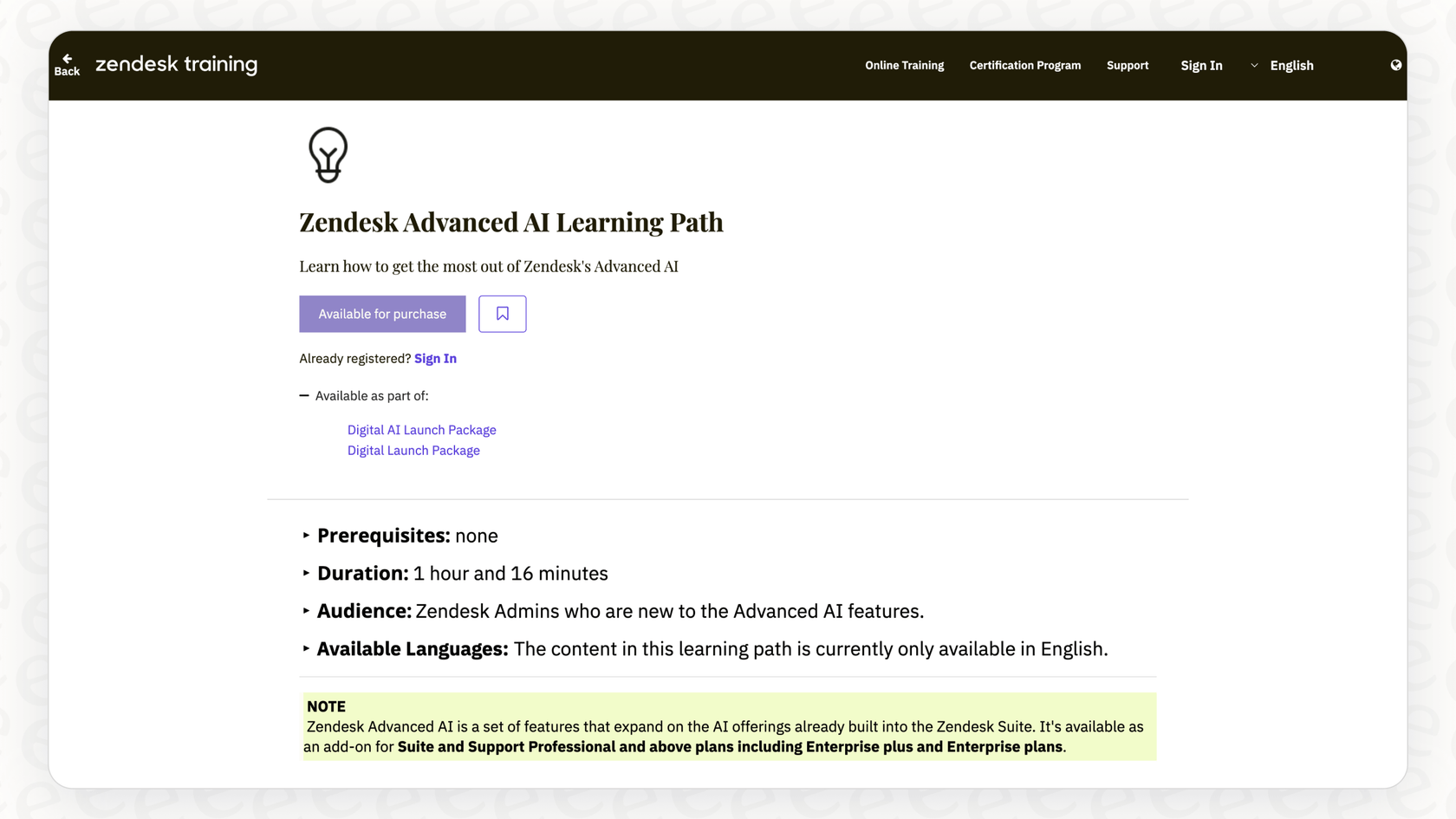 ZendeskトレーニングポータルのZendesk Advanced AIラーニングパスのスクリーンショット