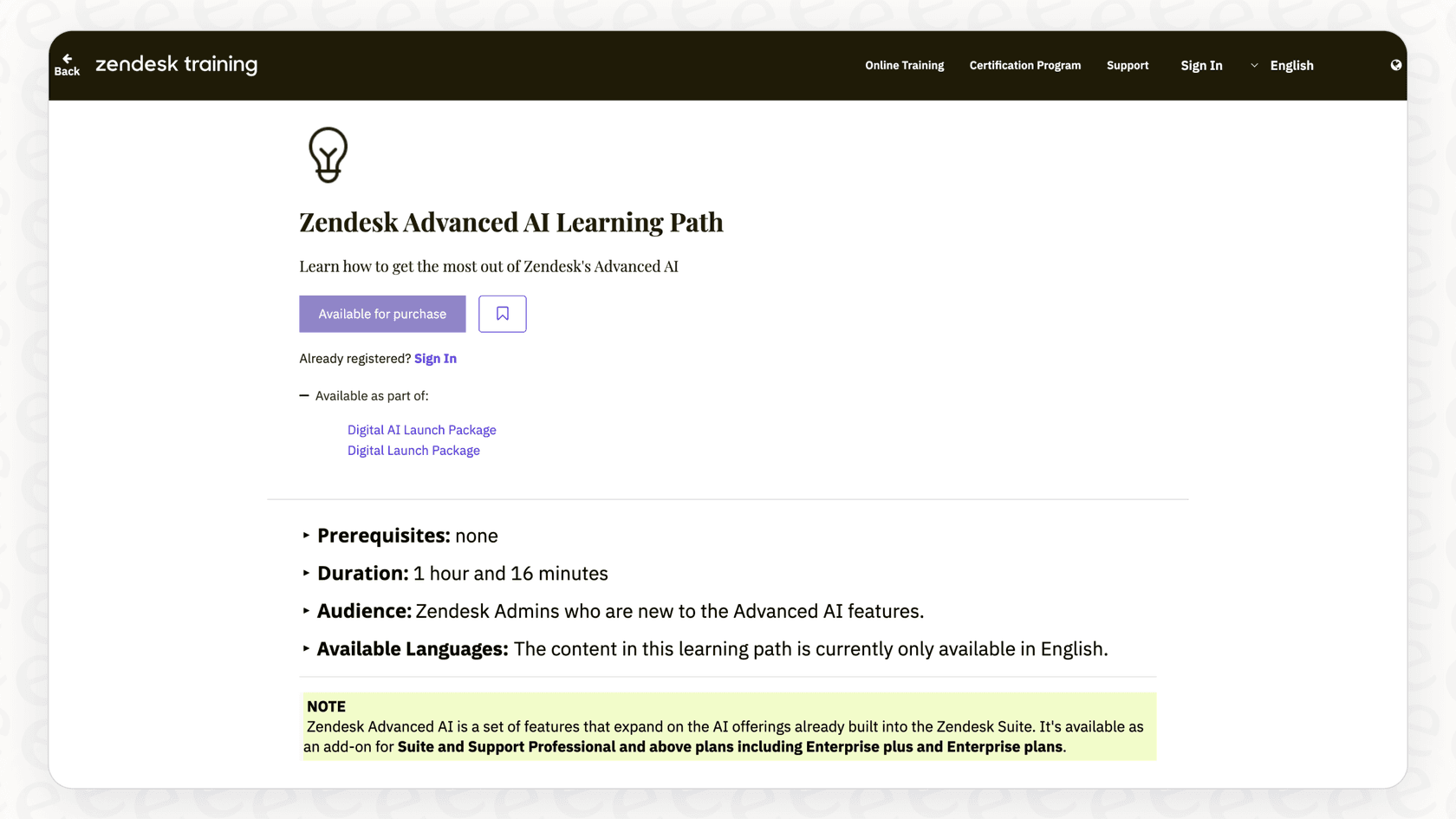 Screenshot of Zendesk Advanced AI Learning Path in the Zendesk training portal
