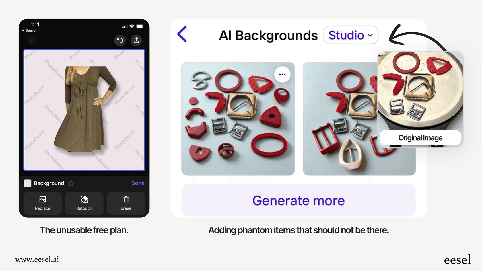 Screenshot showing Photoroom’s free plan interface on the left and an AI background generation result on the right, where extra unwanted items appear in the output.
