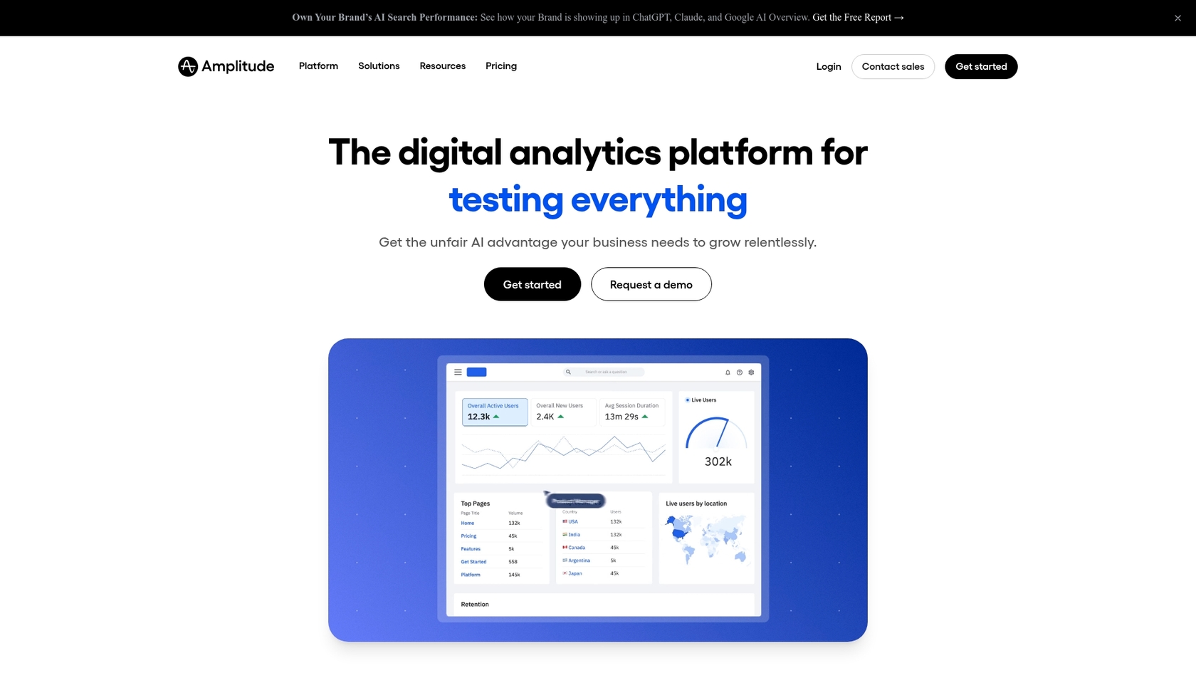 A screenshot of the Amplitude landing page, relevant for blogs about Amplitude integrations with n8n.