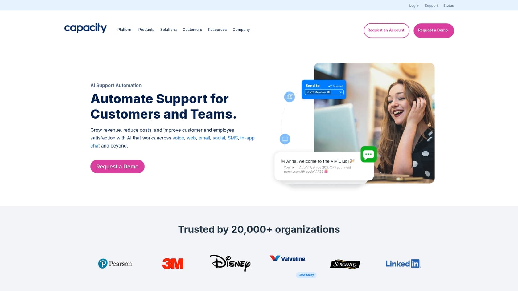 A screenshot of the Capacity landing page, an AI-first platform among Commslayer alternatives.::alt_title=Capacity Landing Page for Commslayer alternatives::alt_text=A screenshot of the Capacity landing page, an AI-first platform among Commslayer alternatives.