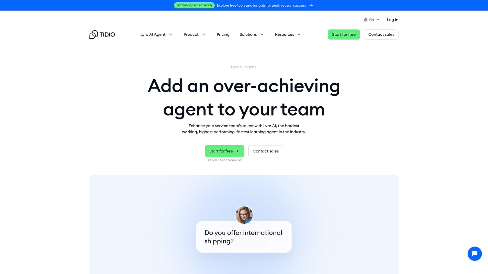 A screenshot of the Tidio landing page, presented as one of the key Chatbase alternatives for AI agents.