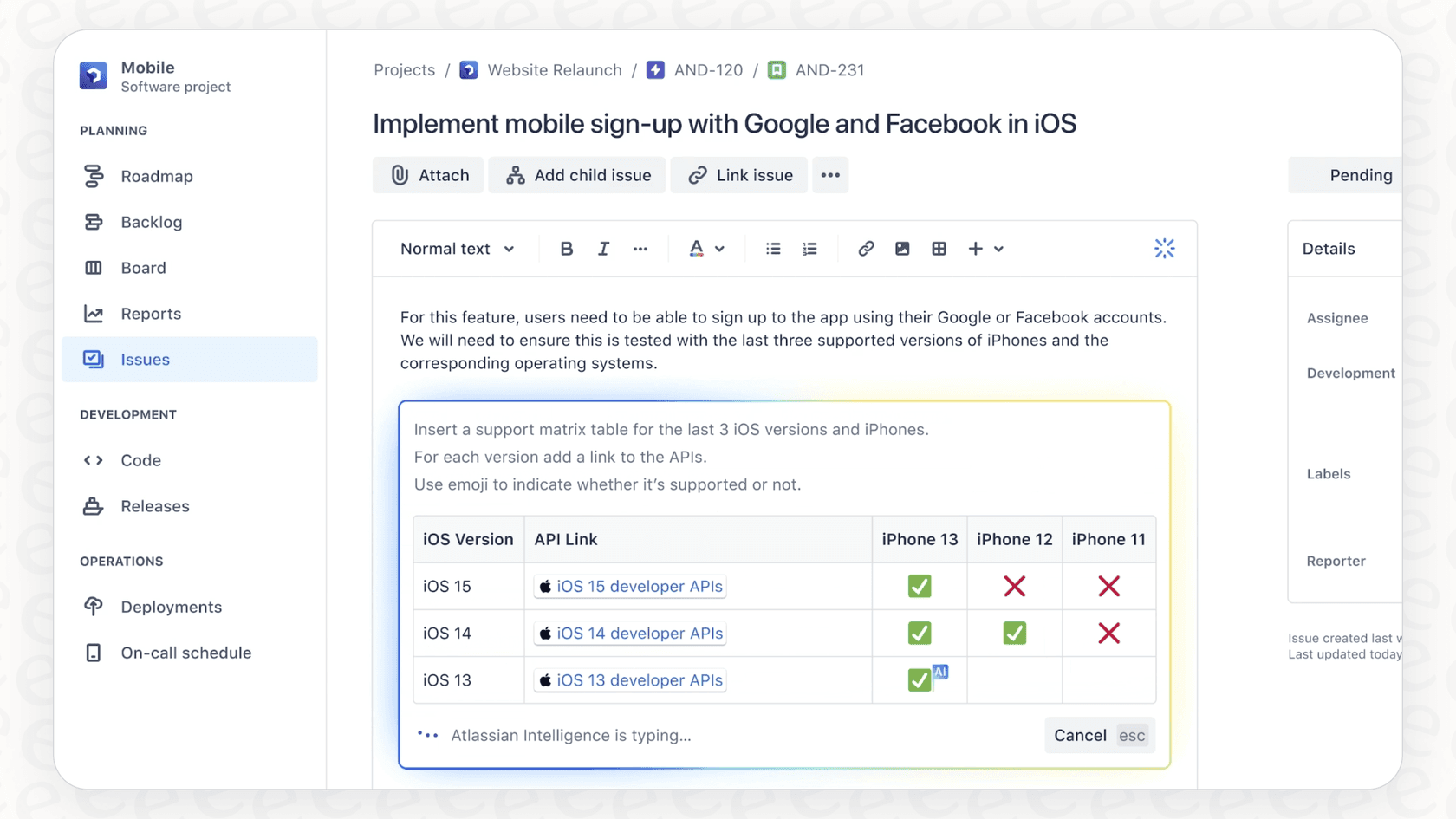 Un usuario escribiendo /ai para acceder a las funciones de generación de contenido de Atlassian Intelligence AI en Confluence.