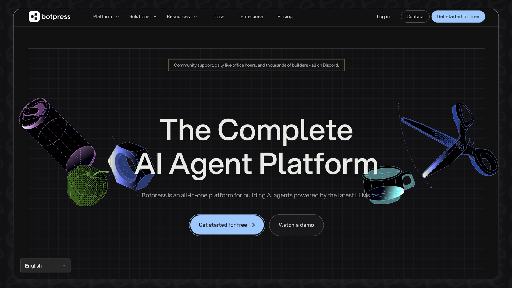 A screenshot of the Botpress landing page highlighting the main features relevant to Botpress pricing.