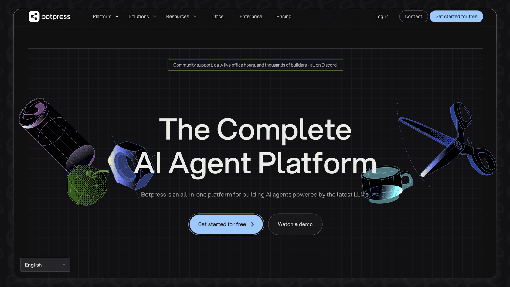 A screenshot of the Botpress landing page highlighting the main features relevant to Botpress pricing.