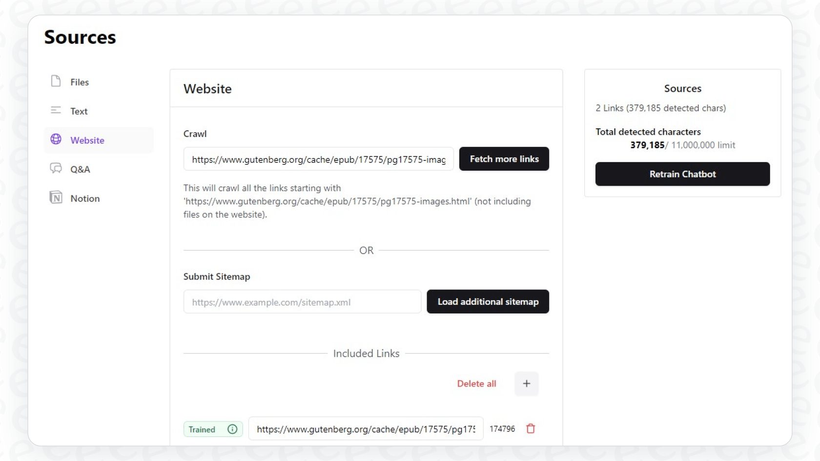 Training knowledge with web URL in Chatbase Sources.