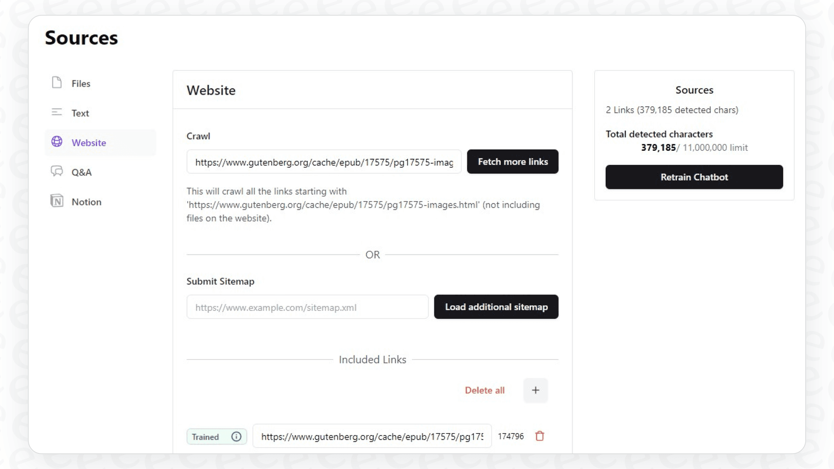 Training knowledge with web URL in Chatbase Sources.