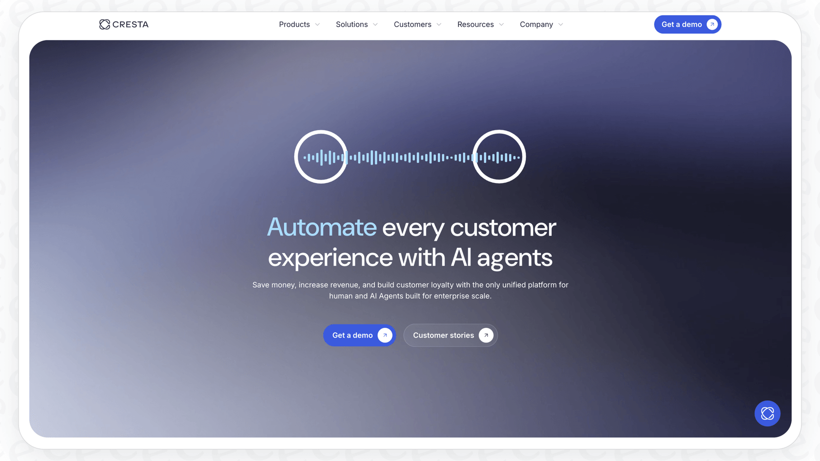 A view of the Cresta homepage, highlighting its focus on AI-powered solutions for large-scale customer support operations.