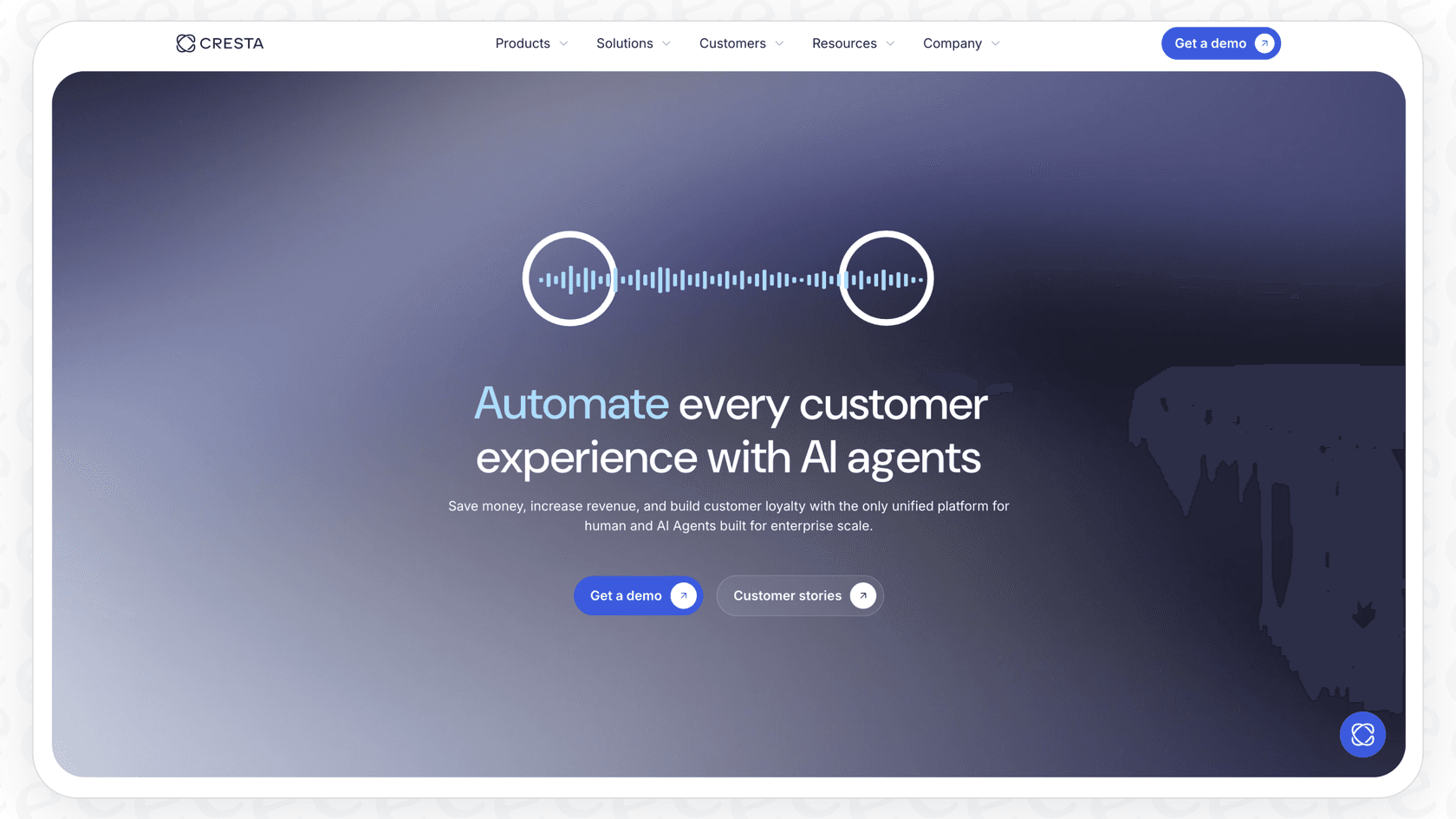 A view of the Cresta homepage, highlighting its focus on AI-powered solutions for large-scale customer support operations.