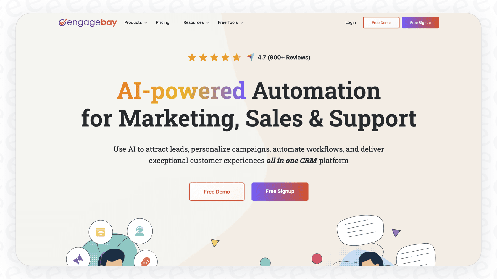 The EngageBay landing page showing the headline