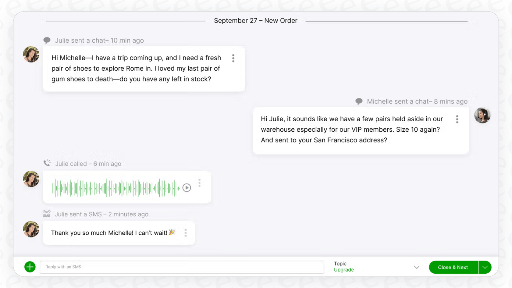 A screenshot demonstrating the unified conversation feature in Gladly AI, with different communication channels in one timeline.