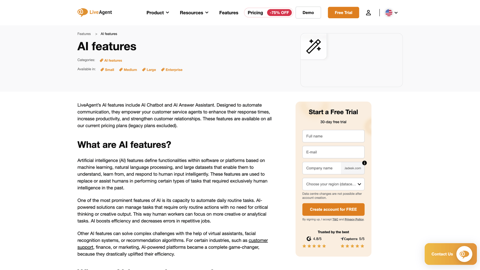 A screenshot of the LiveAgent AI features page, which outlines the different AI-powered tools available in the help desk.