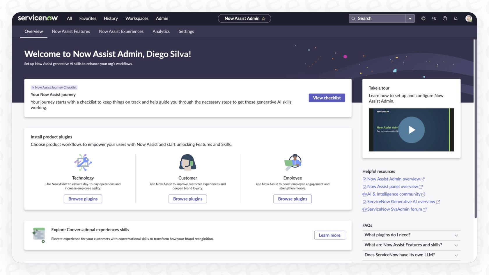 A view of the ServiceNow Now Assist Admin dashboard
