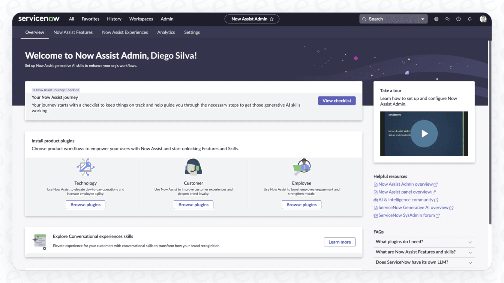 A view of the ServiceNow Now Assist Admin dashboard