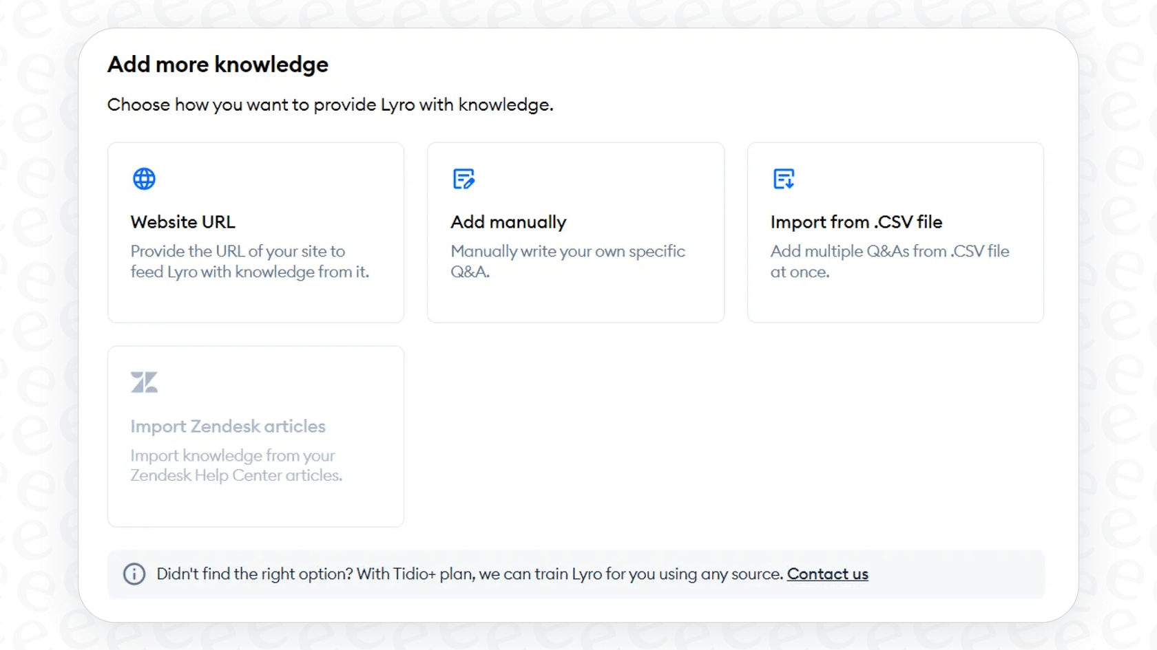 A screenshot detailing the various knowledge sources that affect Lyro AI pricing and performance.
