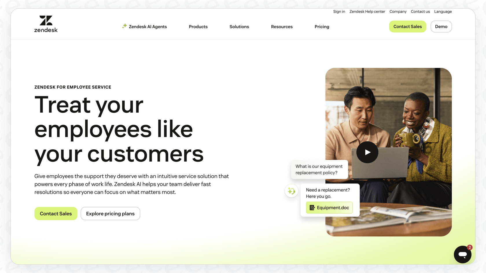 Capture d'écran de la page de destination de Zendesk pour le service aux employés.