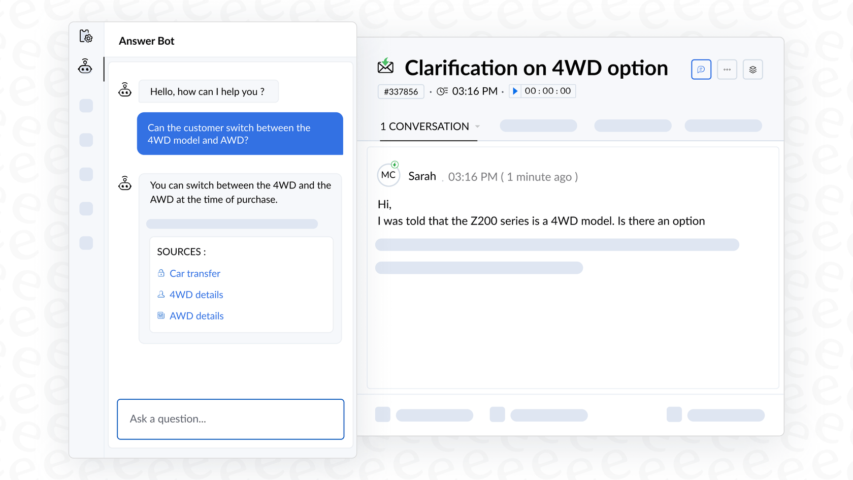 A screenshot showing the Zoho Desk AI Answer Bot providing automated answers to a customer