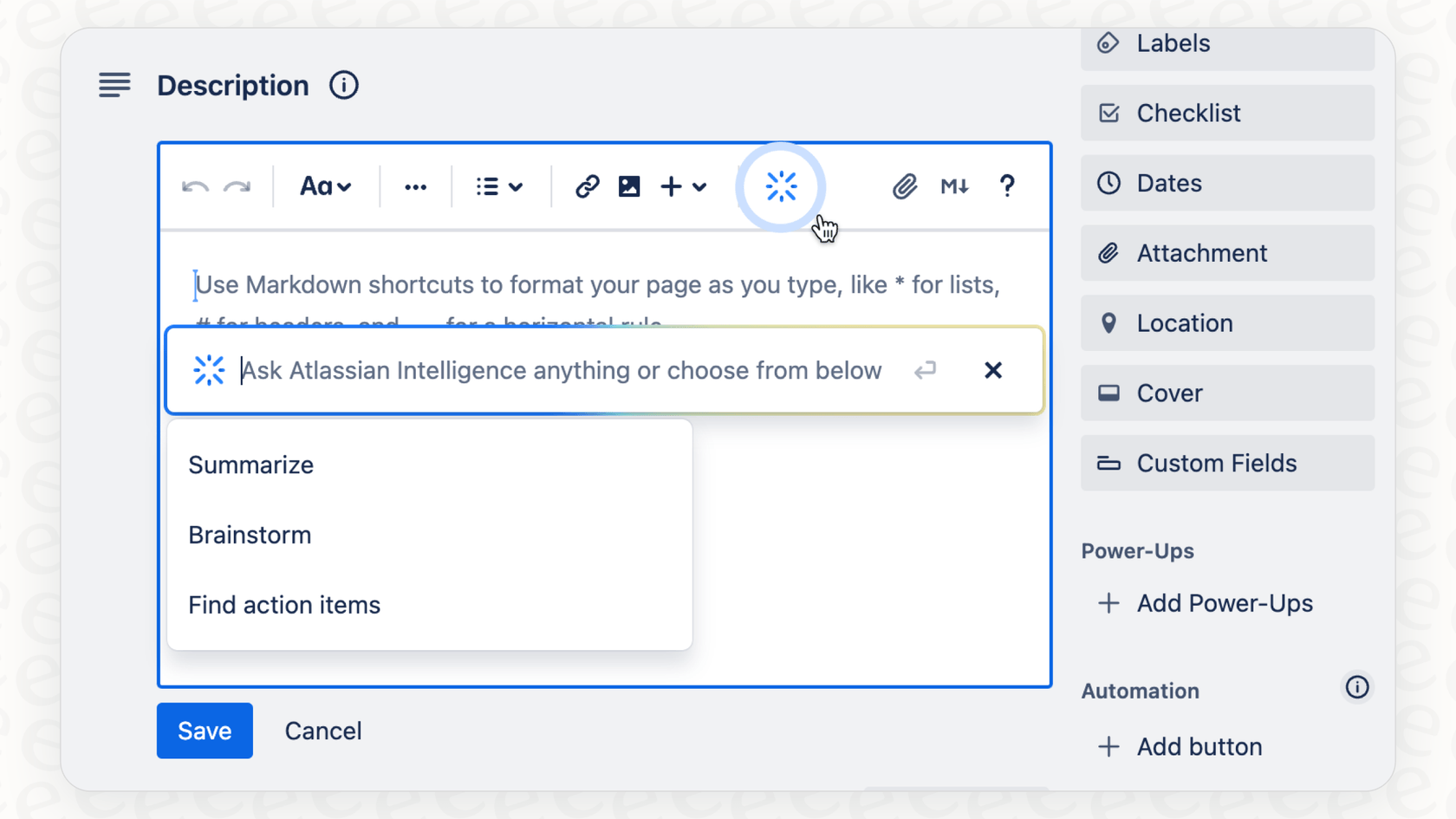Uma captura de tela do Atlassian Intelligence resumindo texto, fazendo brainstorming ou encontrando itens de ação com a barra de ferramentas de IA.