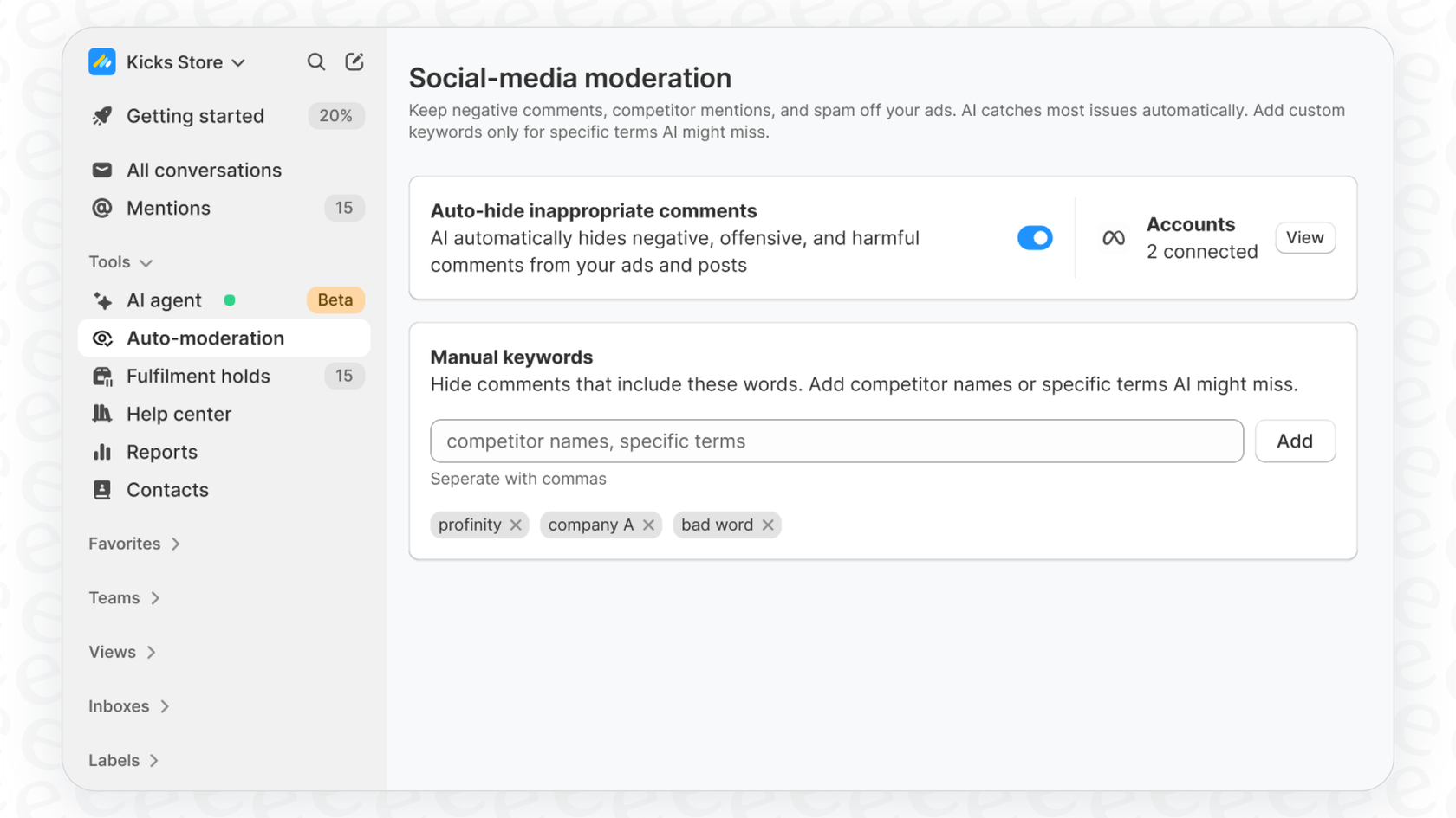 A screenshot of the Commslayer social media moderation settings to keep ads clean.