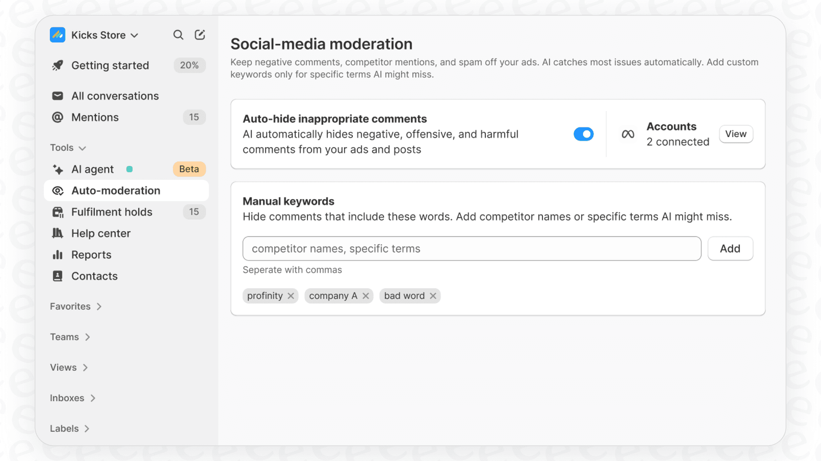A screenshot of the Commslayer social media moderation settings to keep ads clean.