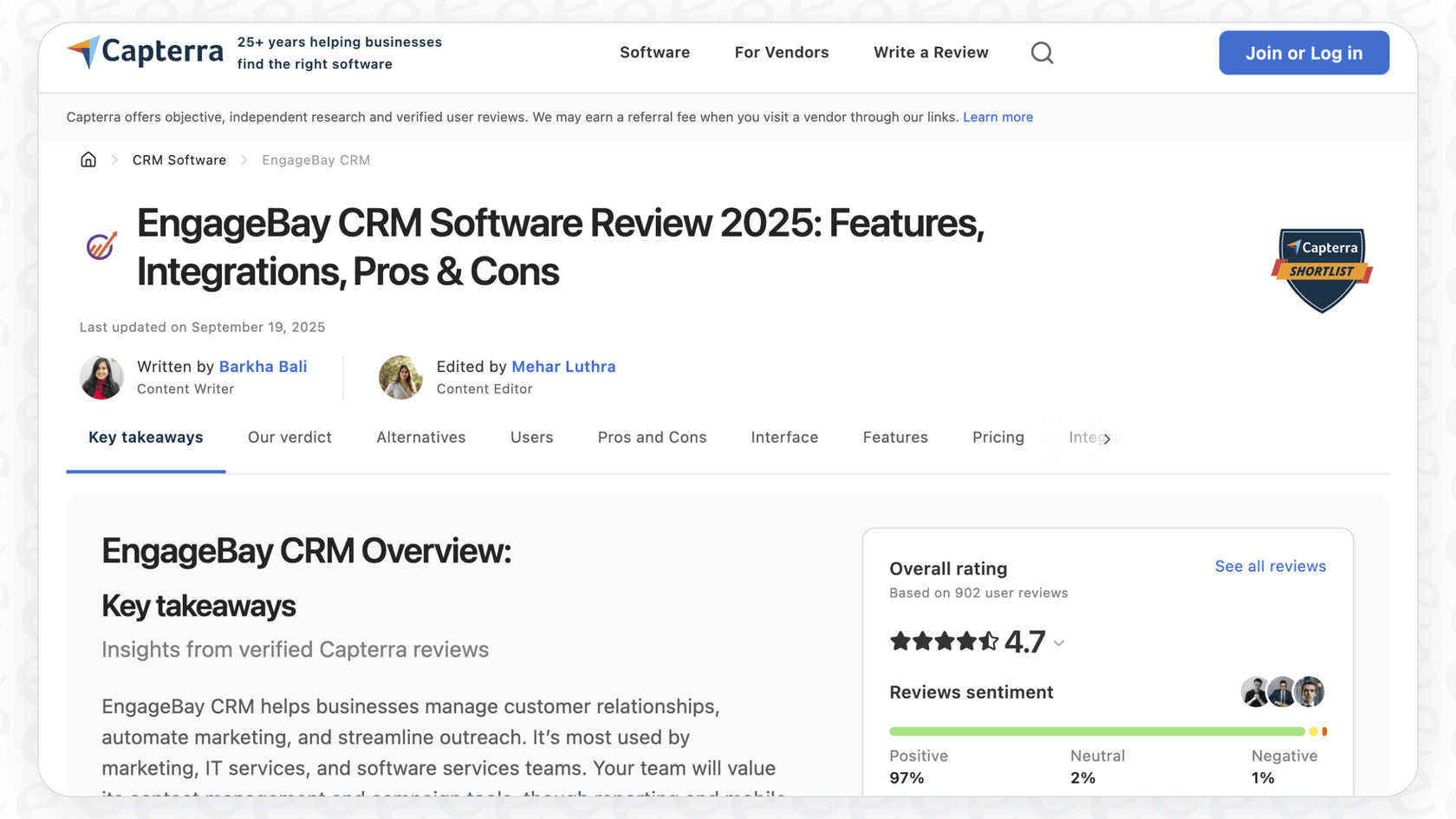 A screenshot of the EngageBay CRM review page on Capterra, highlighting user ratings for ease of use, features, and customer service.
