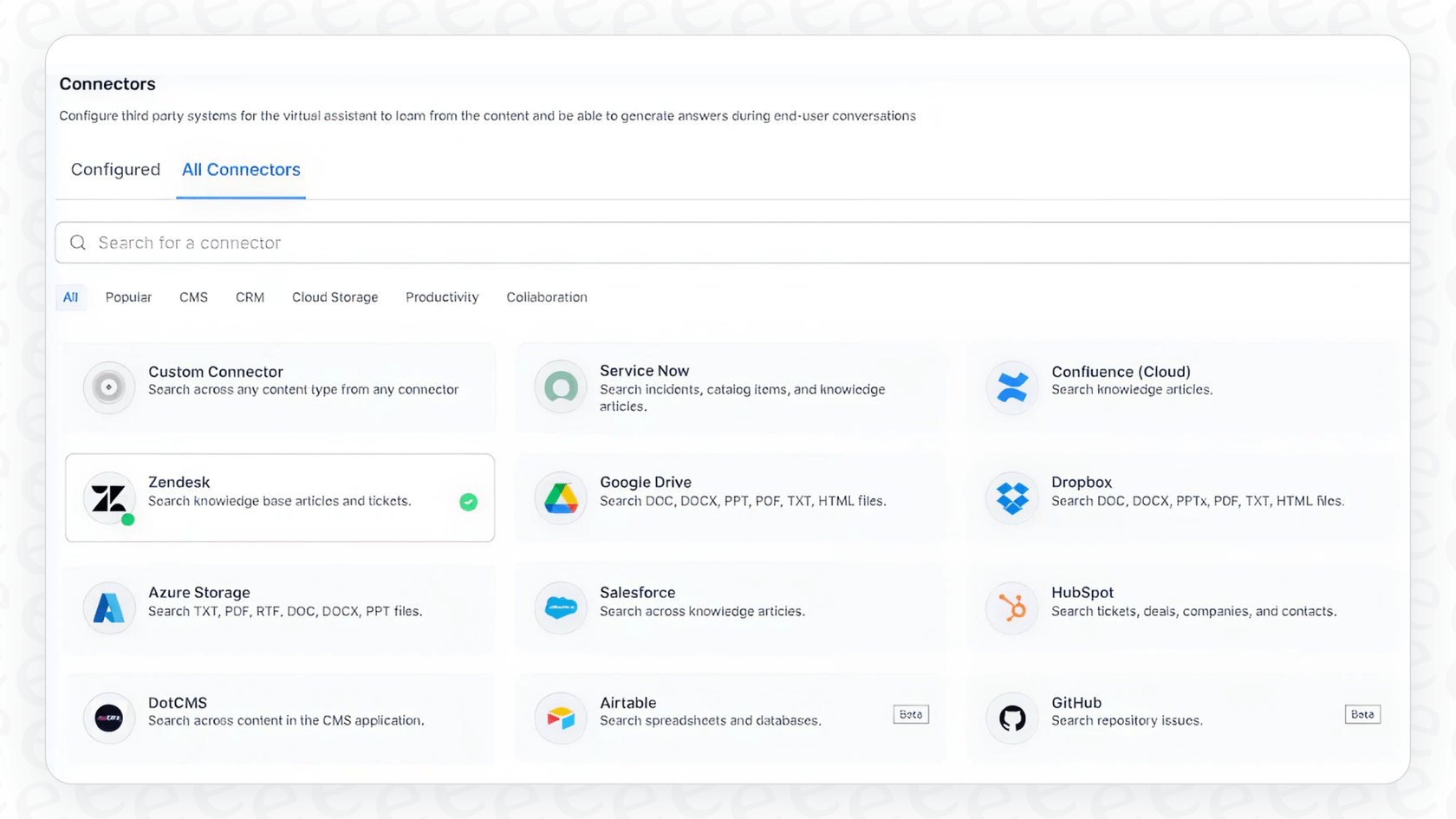 Kore.ai all connectors screen.