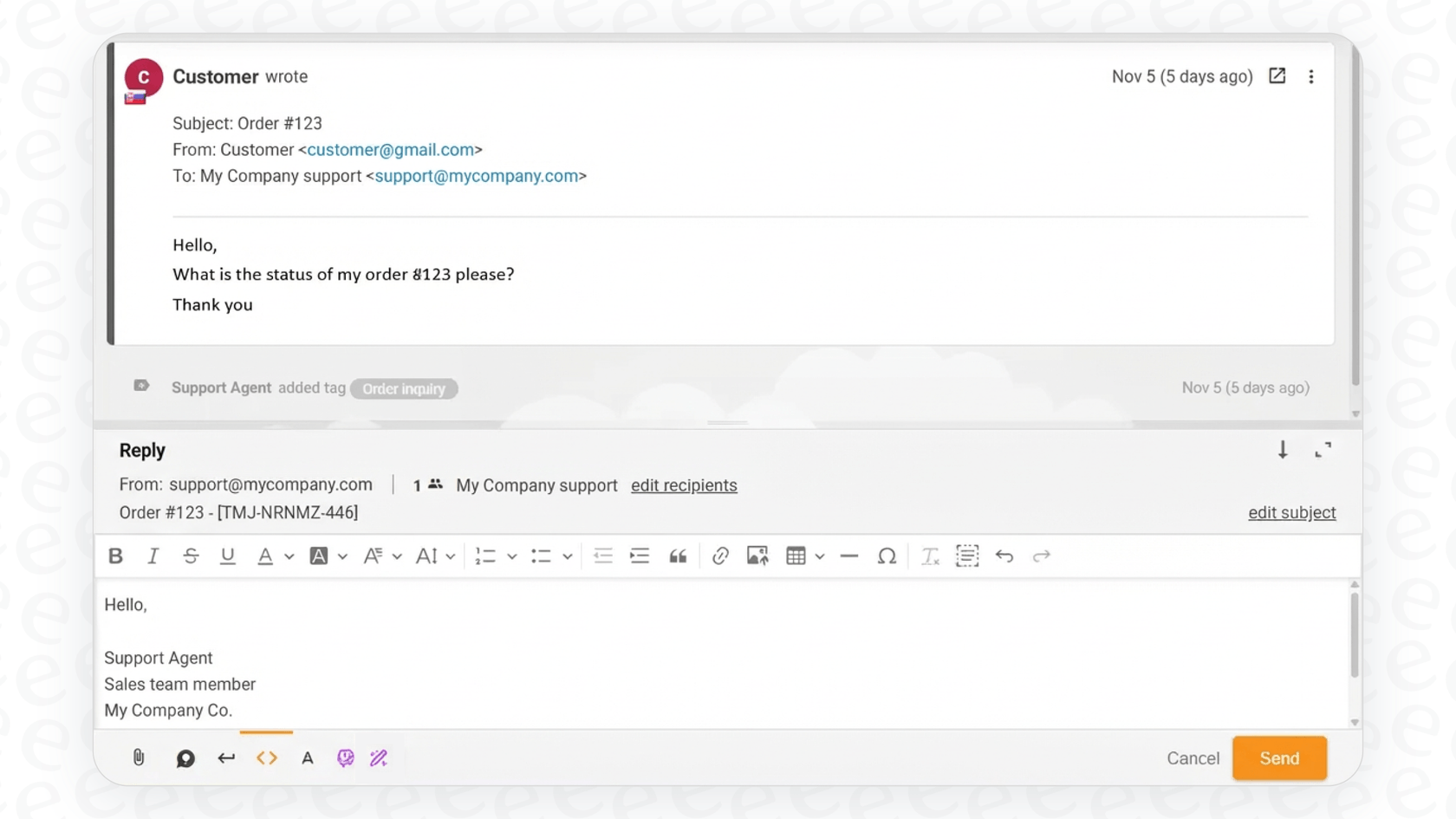 LiveAgentのAI Answer Assistant機能のスクリーンショット。エージェントがチケット画面内で回答を作成・推敲するのをどのように支援するかを示している。
