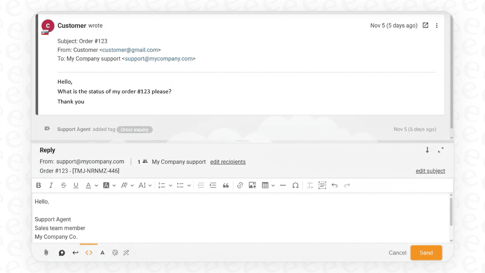 Une capture d'écran de la fonctionnalité LiveAgent AI Answer Assistant, montrant comment elle aide les agents à rédiger et affiner les réponses dans la vue du ticket.