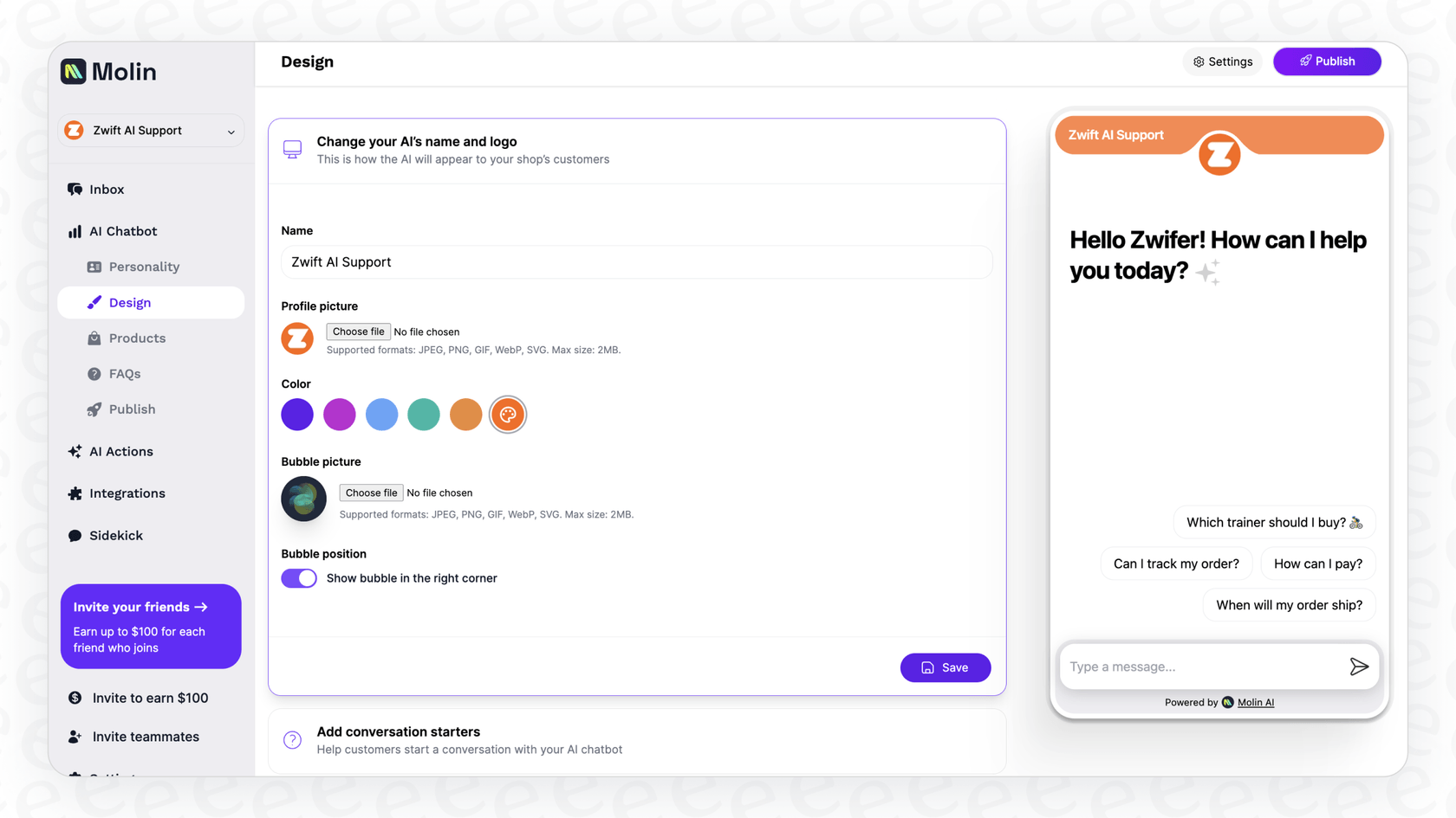 Screenshot of a user applying branding on Molin