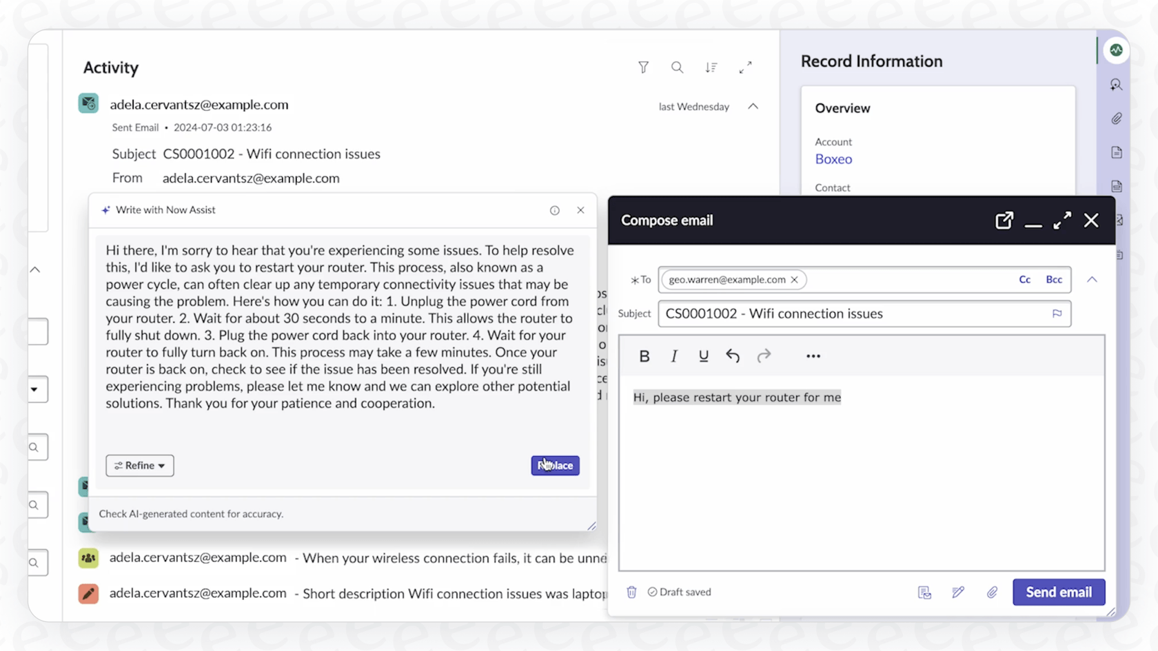 A screenshot demonstrating the content creation capabilities of ServiceNow Now Assist for an agent
