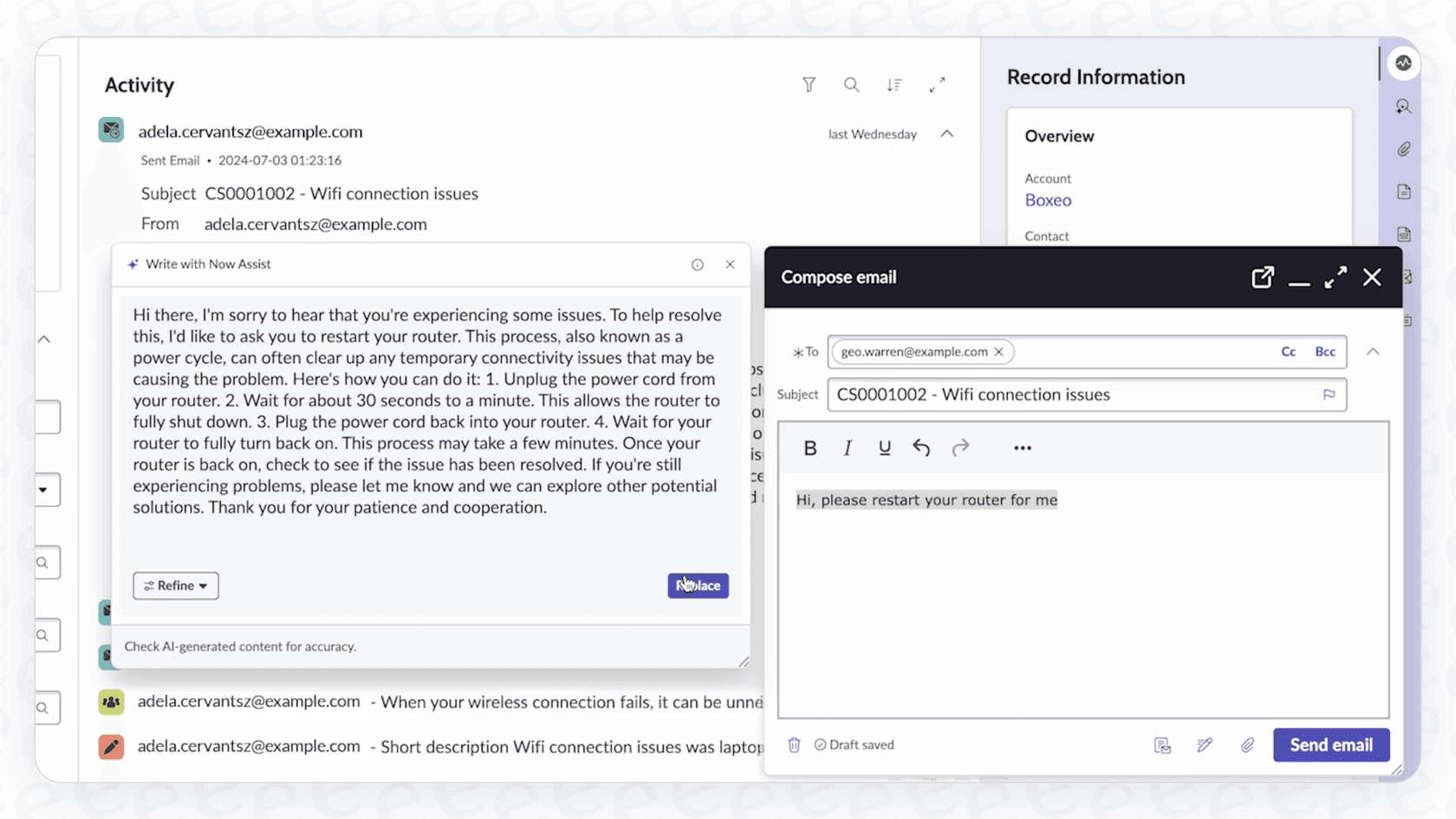 A screenshot demonstrating the content creation capabilities of ServiceNow Now Assist for an agent