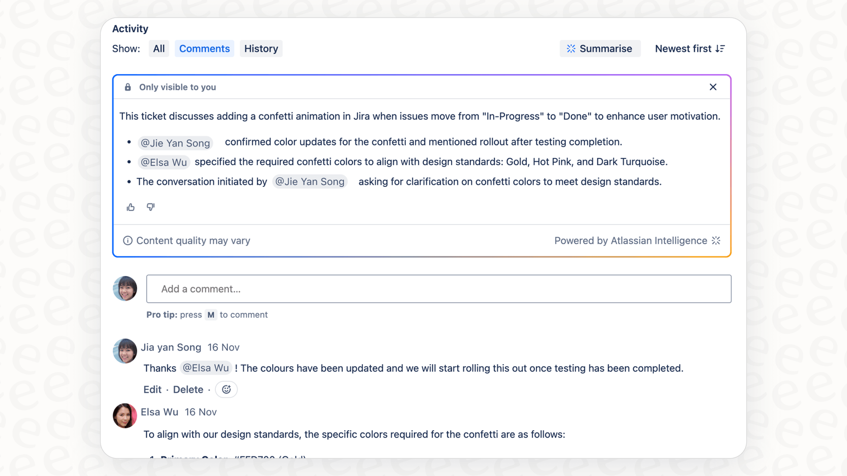 Atlassian Intelligenceのワークアイテムコメント要約機能における「要約(Summarize)」ボタンの場所を示すスクリーンショット。
