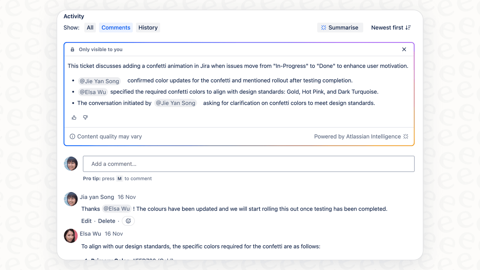 Ein Screenshot, der die Position der Schaltfläche „Zusammenfassen“ für die Funktion „Atlassian Intelligence Summarize Work Item Comments“ zeigt.