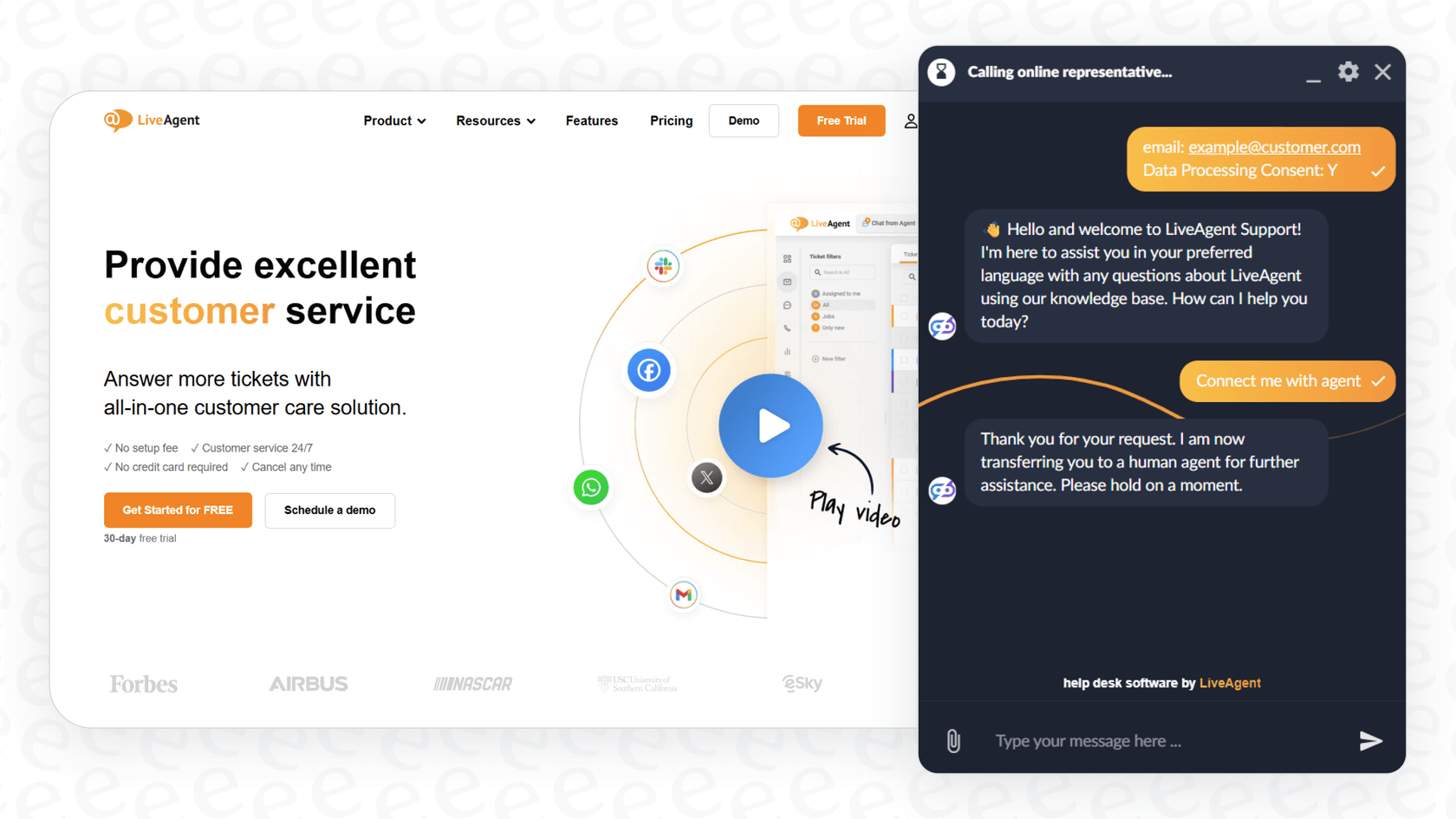 A screenshot of the LiveAgent AI Chatbot feature, which is an integration with FlowHunt to handle customer inquiries on a website.