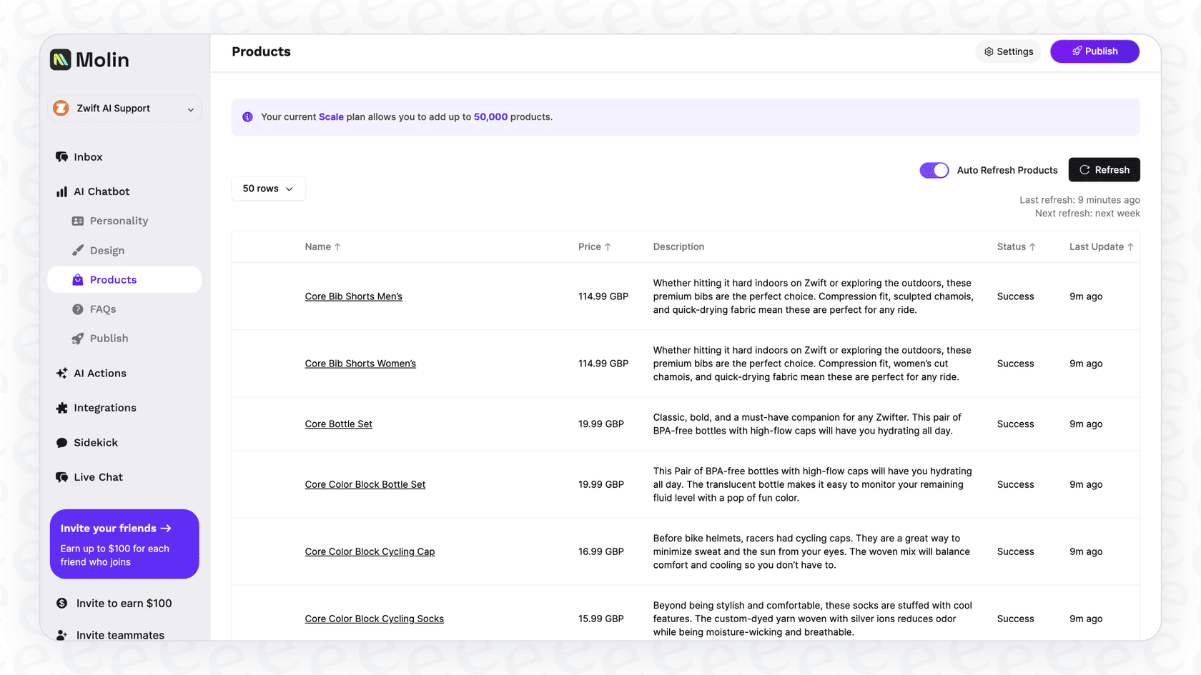 Screenshot of a user listing products as the Molin