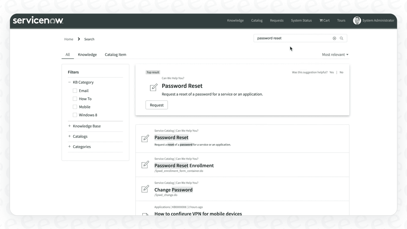 An example of a Genius Result card in ServiceNow AI Search Autocomplete, providing a direct, actionable answer to a user