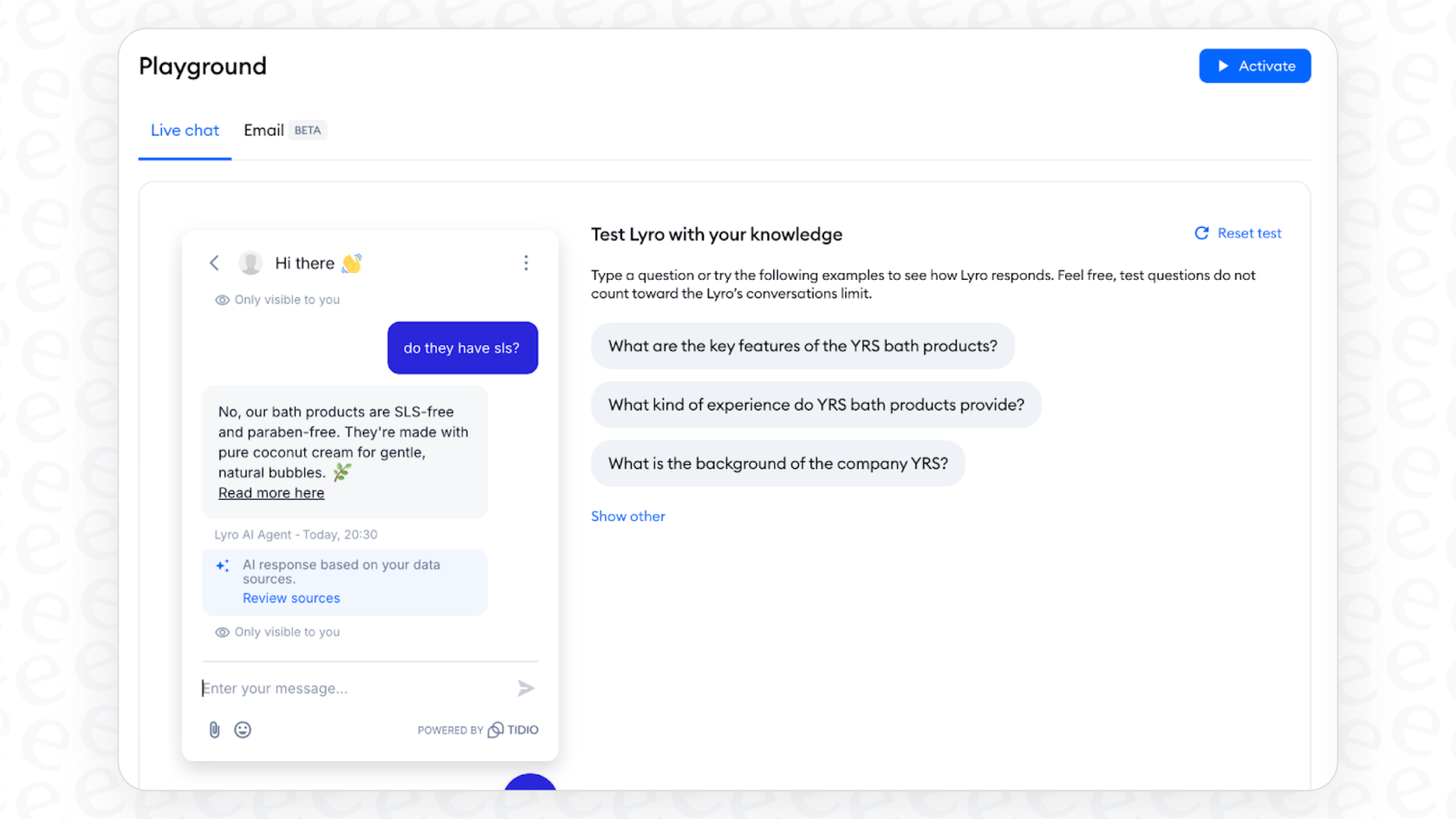 A view of the Lyro AI Playground, showing a test conversation with the AI agent to check its knowledge and response accuracy.