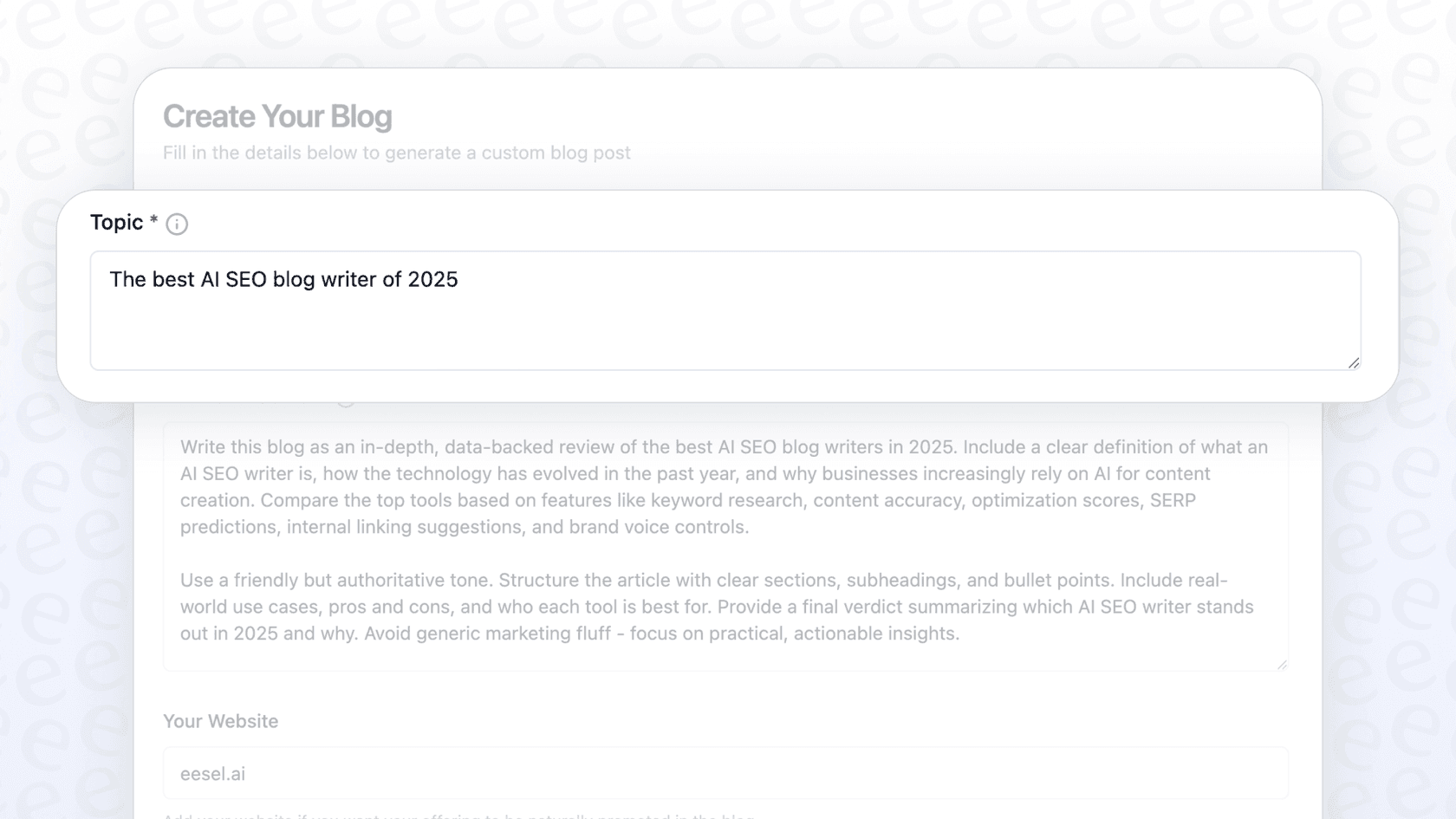 The dashboard of the eesel AI blog writer showing the input fields for generating a blog post, explaining what is an AI content writer.