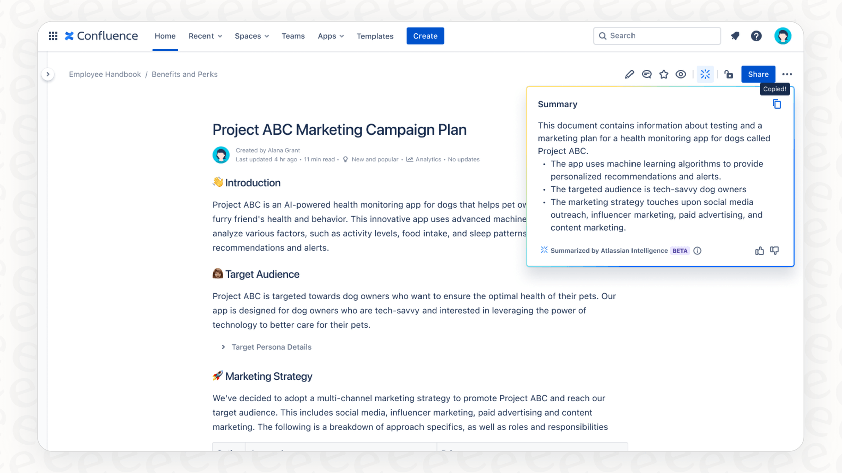Confluenceドキュメント内のAtlassian Intelligence「Confluenceページを要約」ボタンの表示。