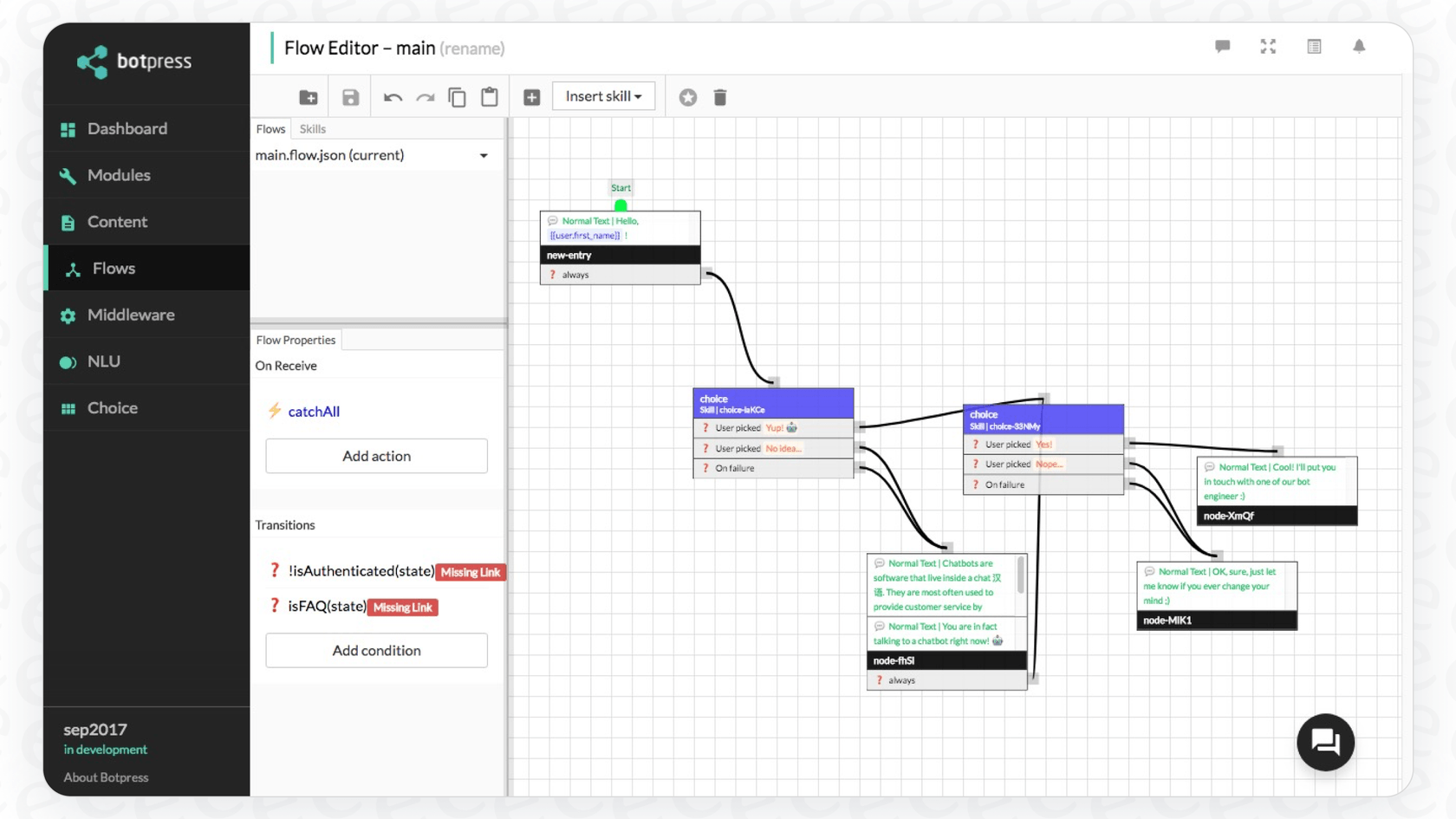 A look at the visual flow builder in this Botpress review, showing the developer-focused interface.