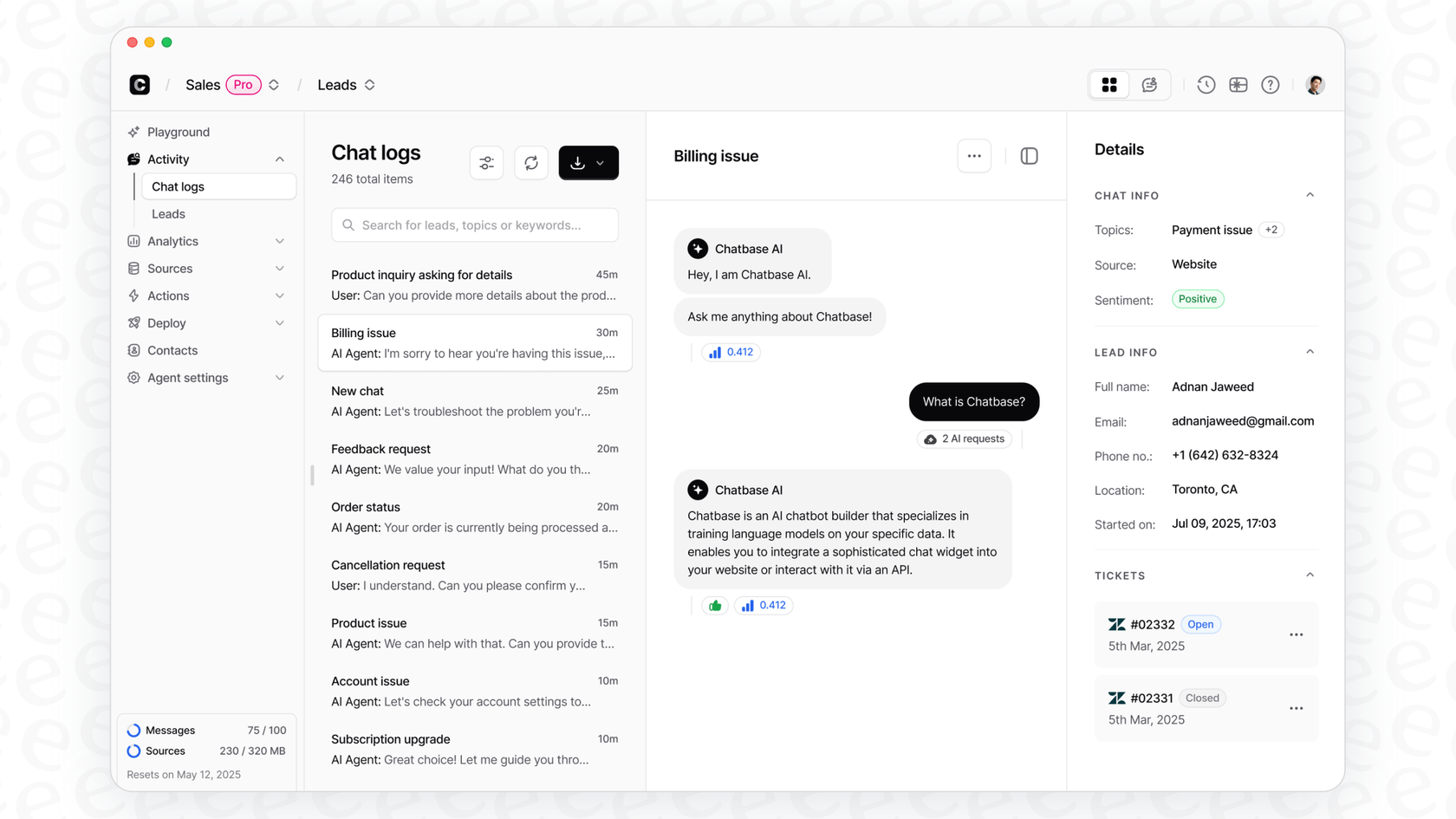 A screenshot of Chatbase