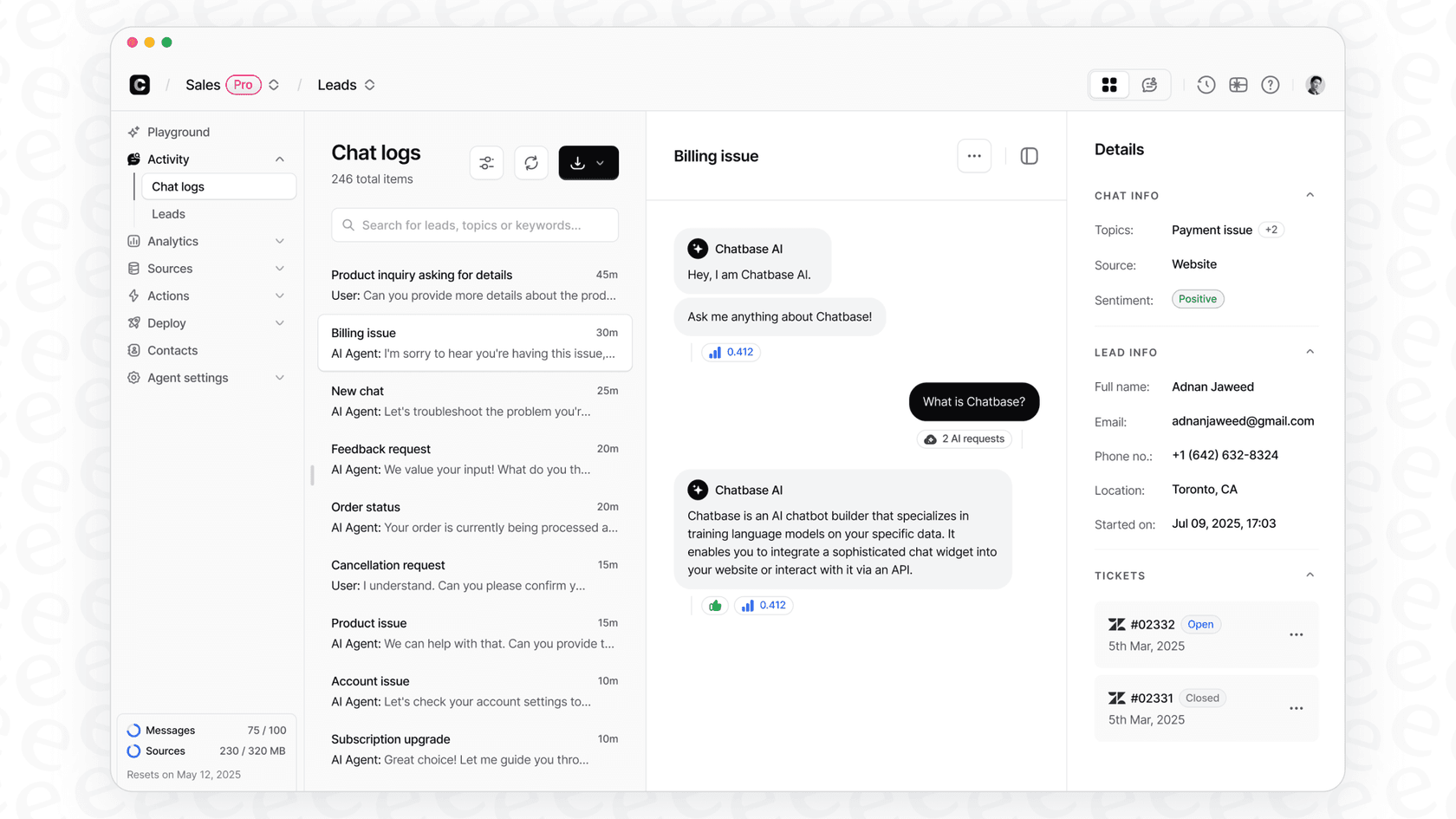 Chatbase Chat Logs Interface showing how to use Chatbase to monitor conversations.