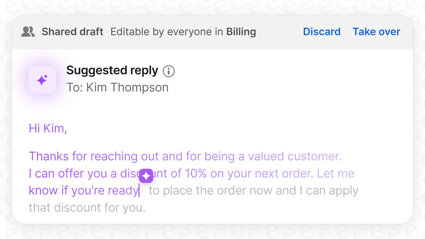 A view of the AI-powered suggested replies feature in the Front AI Copilot, helping agents respond faster.