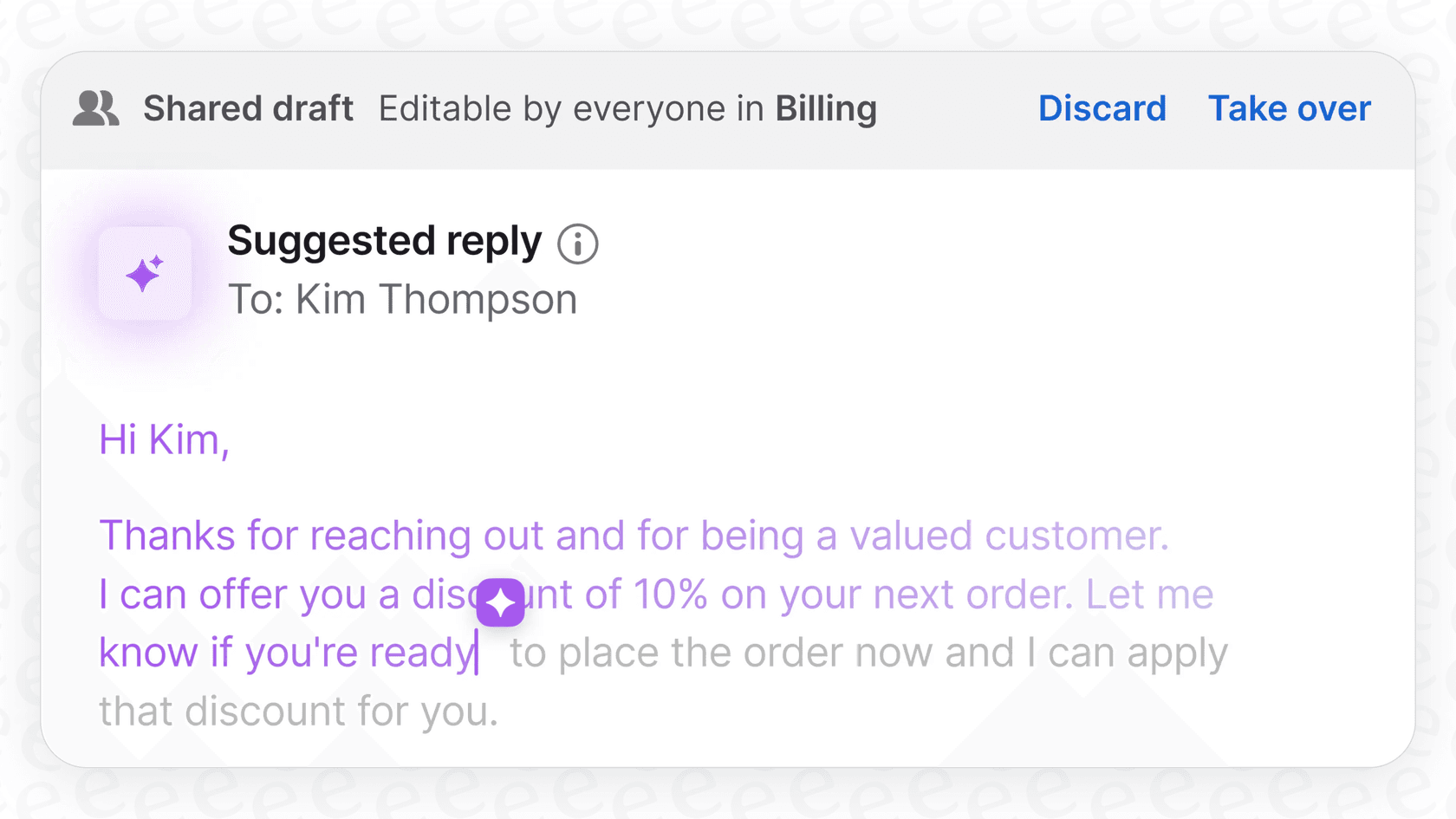 A view of the AI-powered suggested replies feature in the Front AI Copilot, helping agents respond faster.