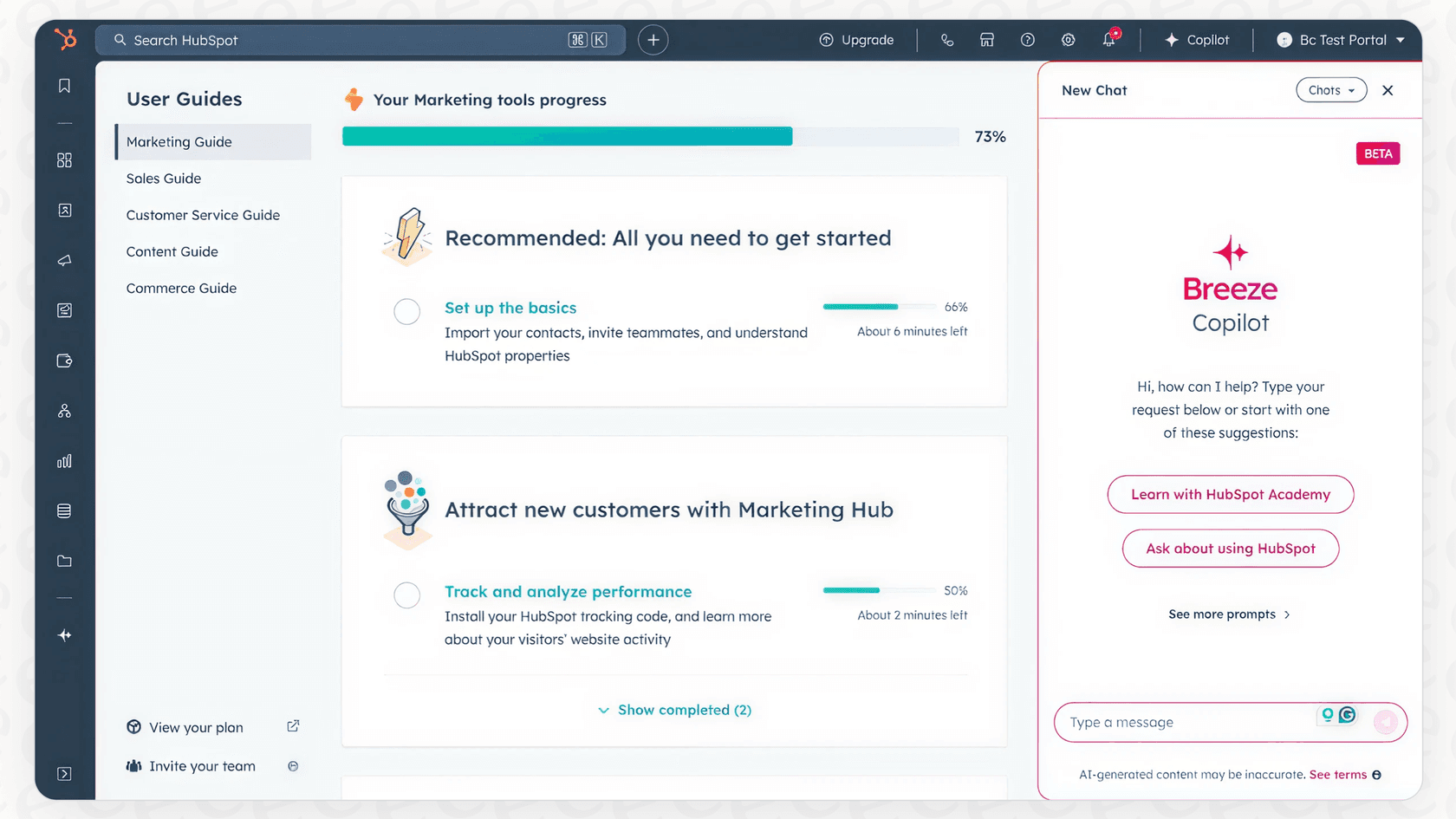 Screenshot showing the main interface for the Breeze Copilot AI assistant inside the HubSpot platform.