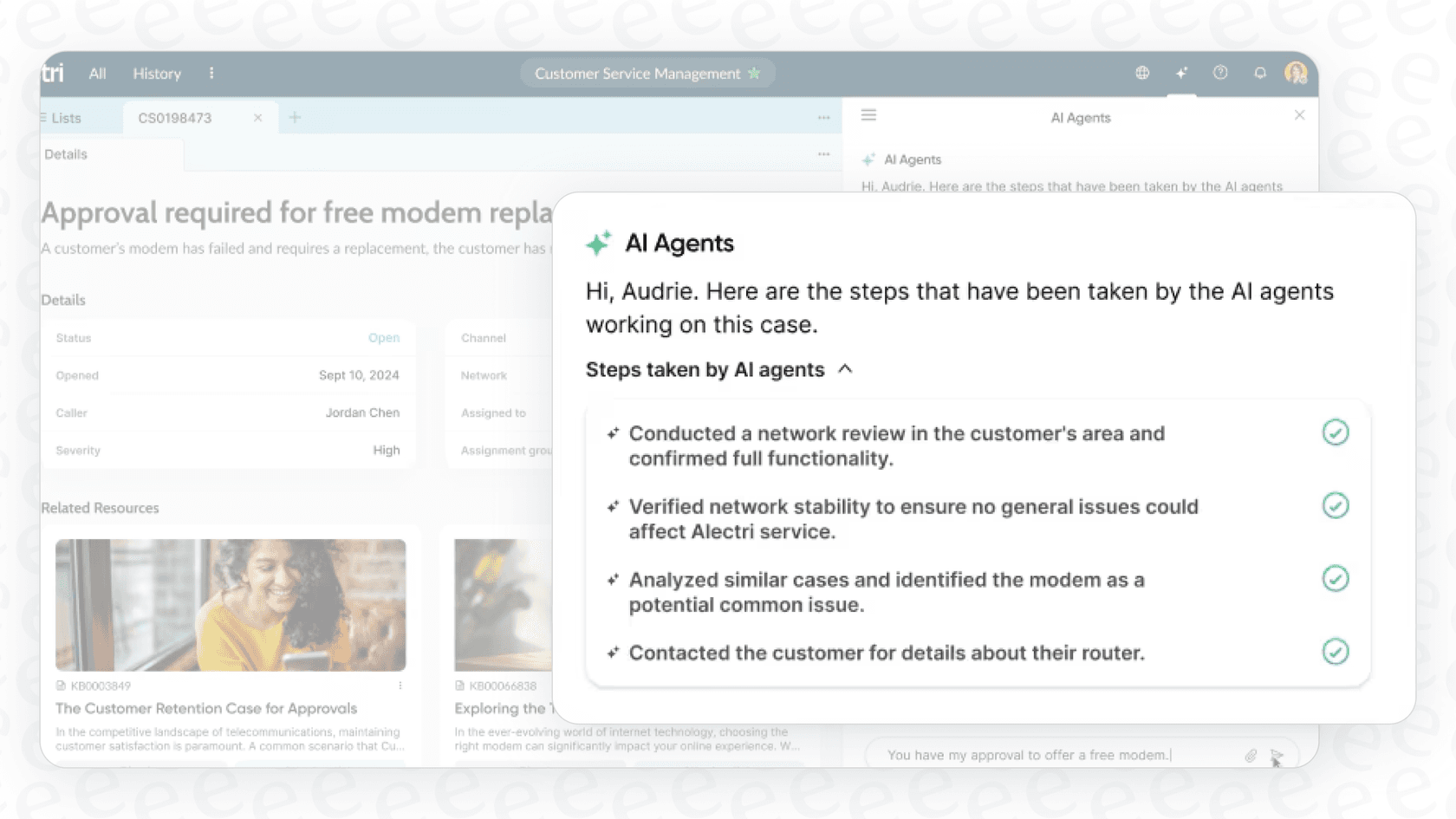 A view of the steps that have been taken by the ServiceNow AI Agents working on a case