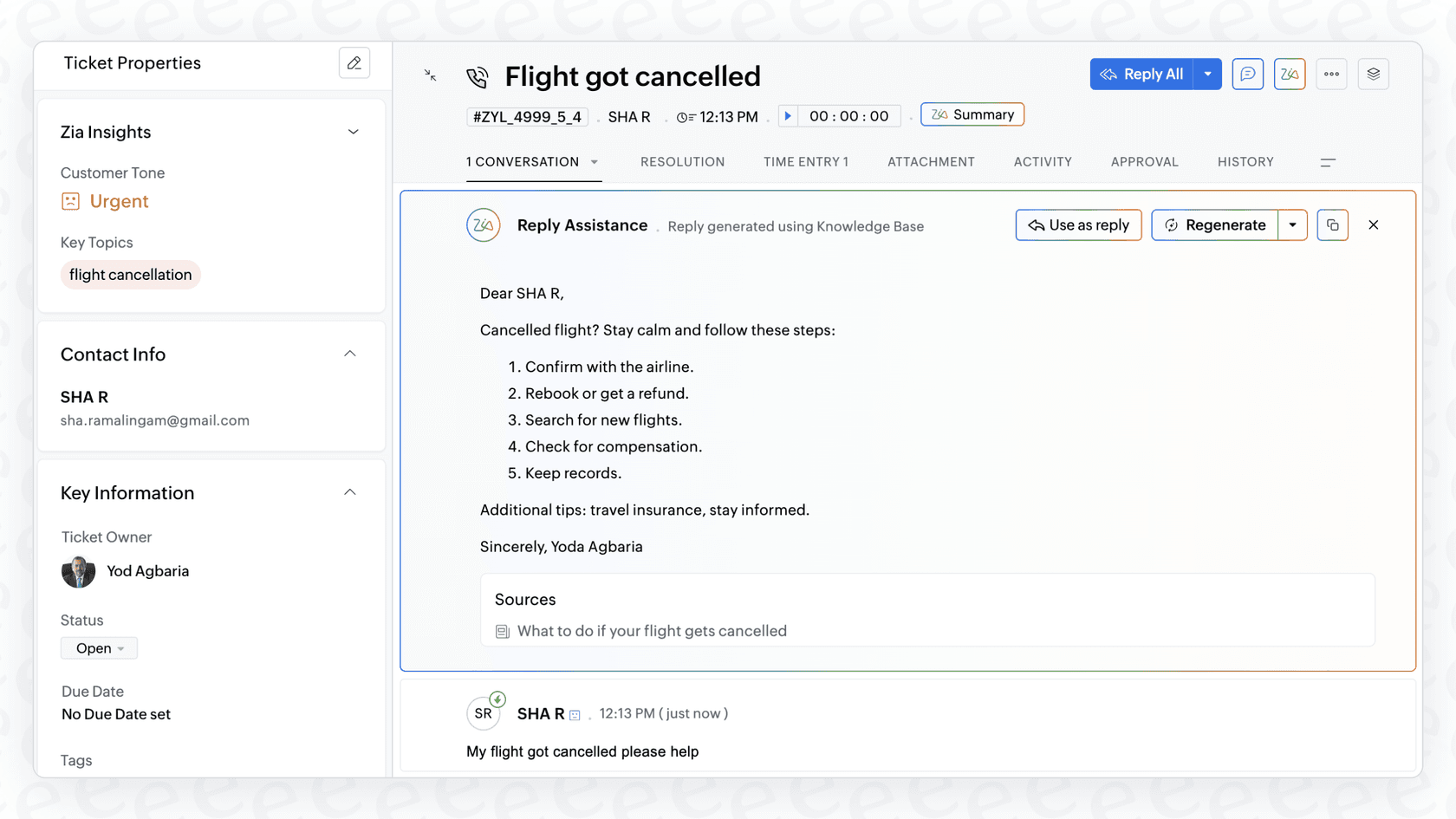 A screenshot showing the Zoho Desk Zia Reply Generator