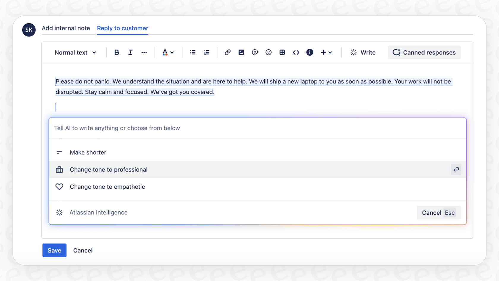 Atlassian Intelligenceがコンテンツのトーンをプロフェッショナルまたは共感的なものに変換しているスクリーンショット。